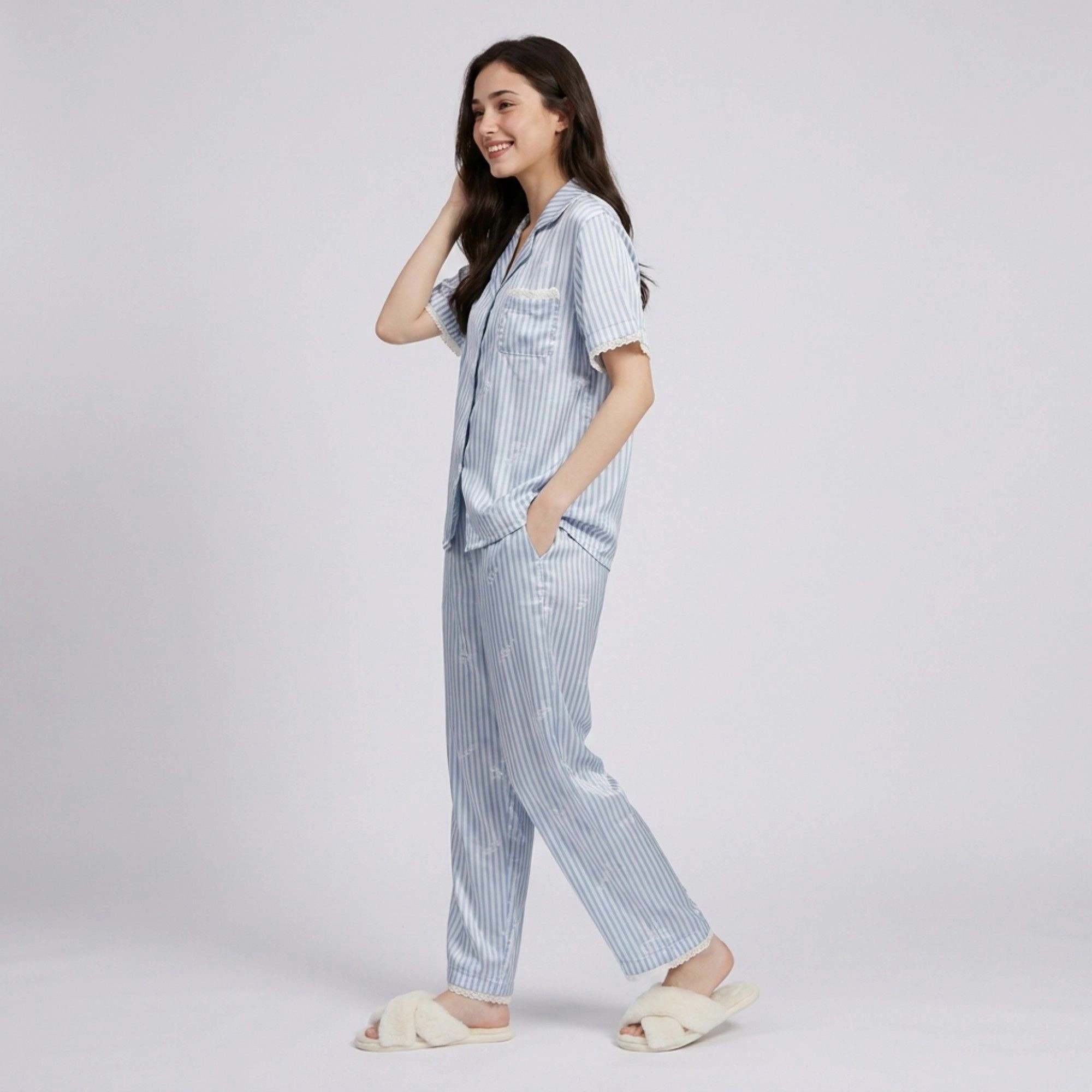 Anna-Kaci Women's 2-Piece Striped Pajama Set with Short Sleeve Button Top and Wide Leg Pants