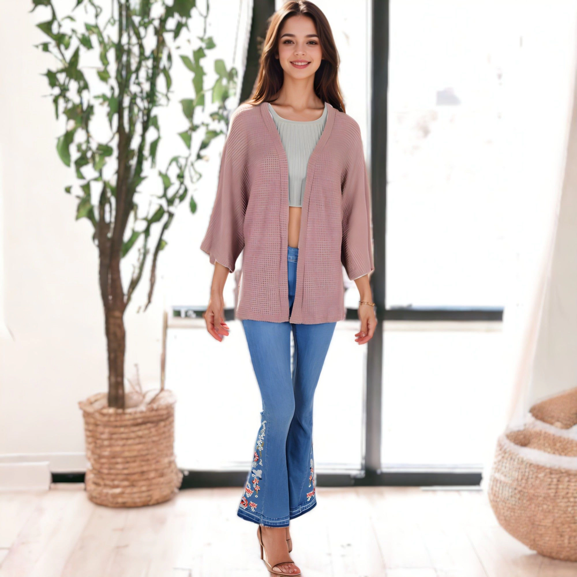 Anna-Kaci Women's Waffle Knit Lightweight Duster 3/4 Batwing Sleeve Cardigan