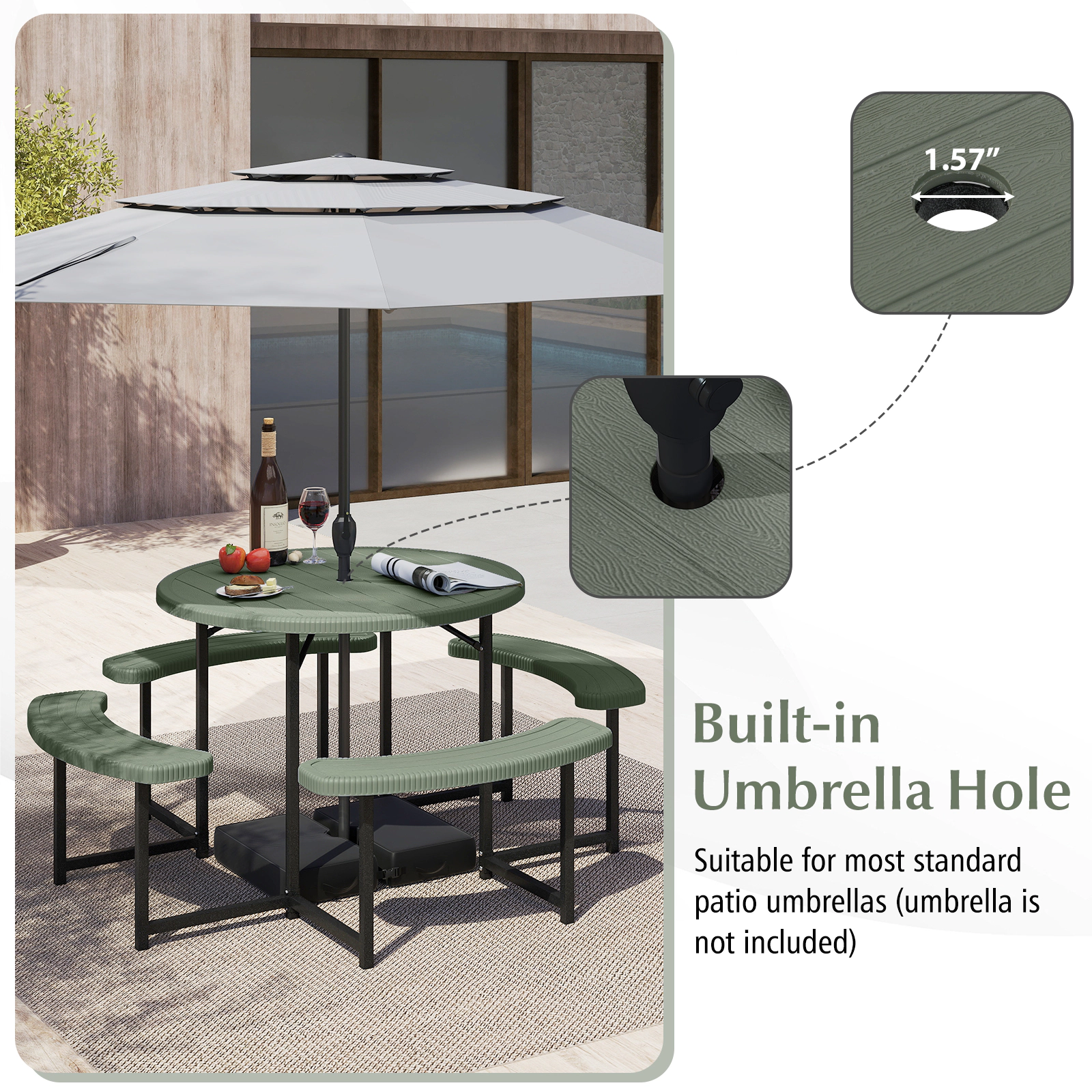 SUGIFT Round Picnic Table Set Green 37 in with 4 Curved Benches and Umbrella Hole