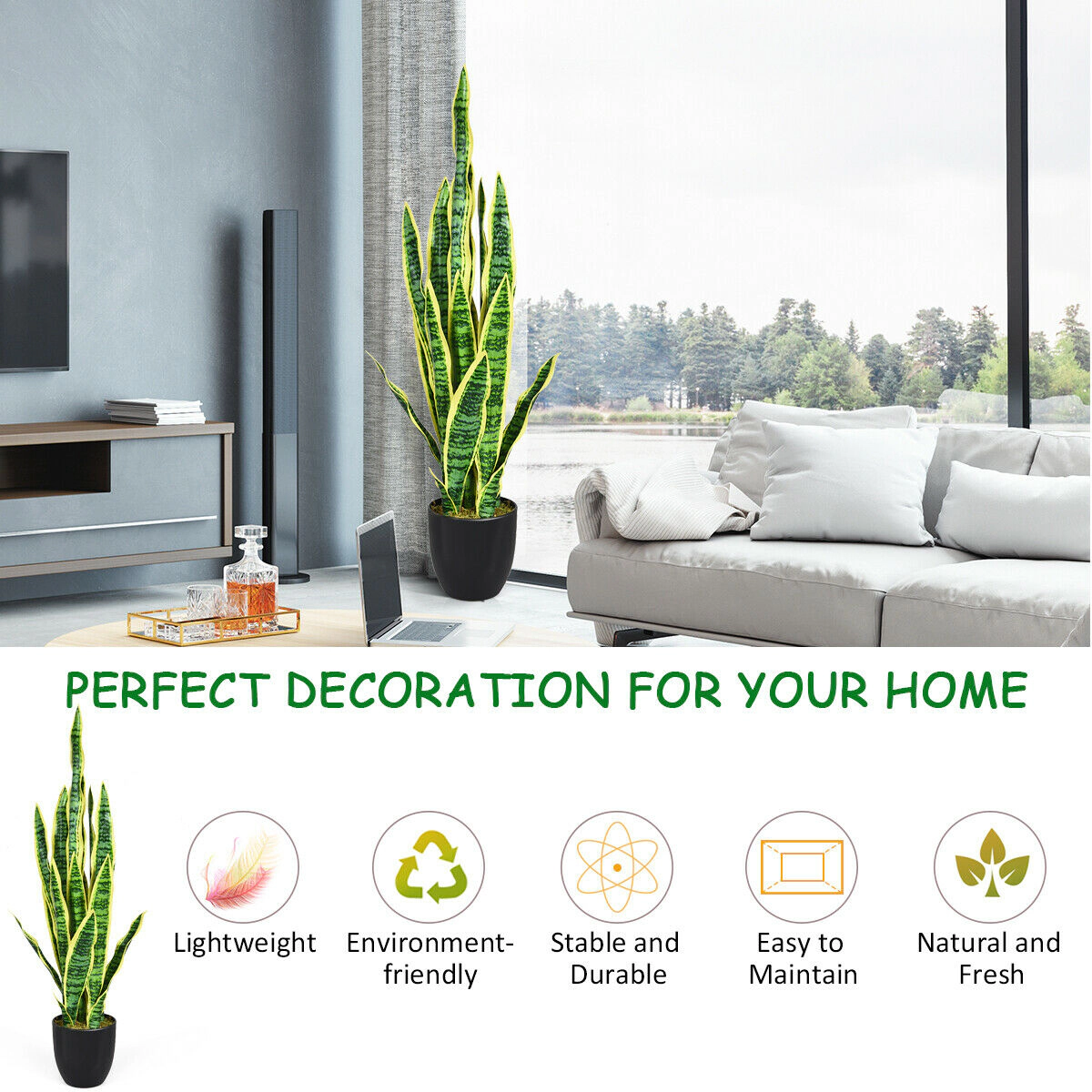 SUGIFT 35.5-in Artificial Snake Plant Indoor-Outdoor Decoration Green + Yellow