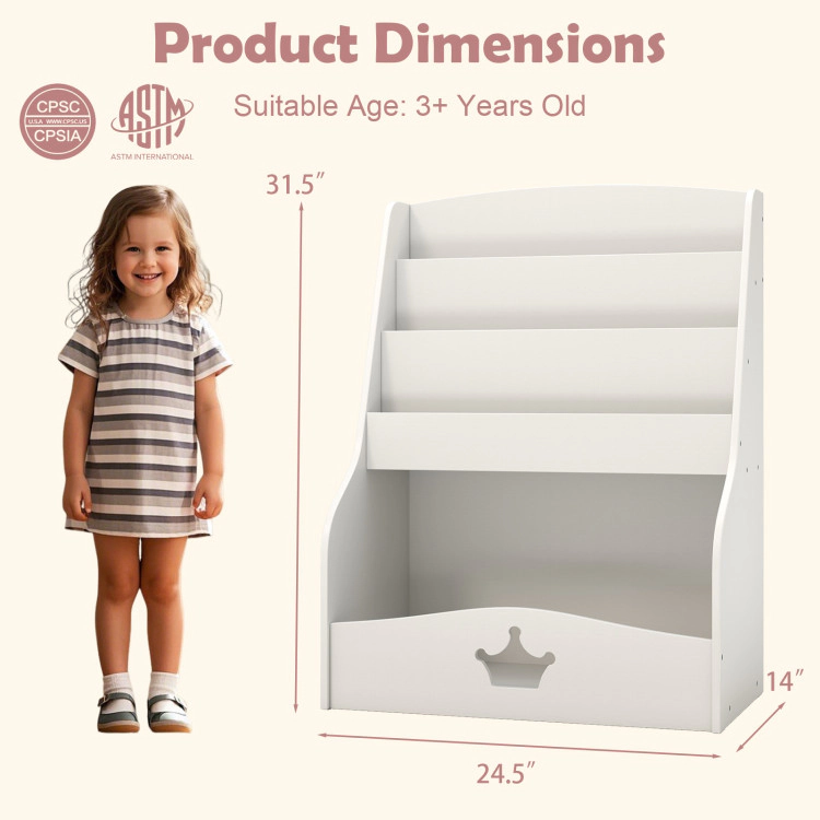Hivvago 4-Tier Kids Bookshelf with Shelves and Compartment for Toddlers-White