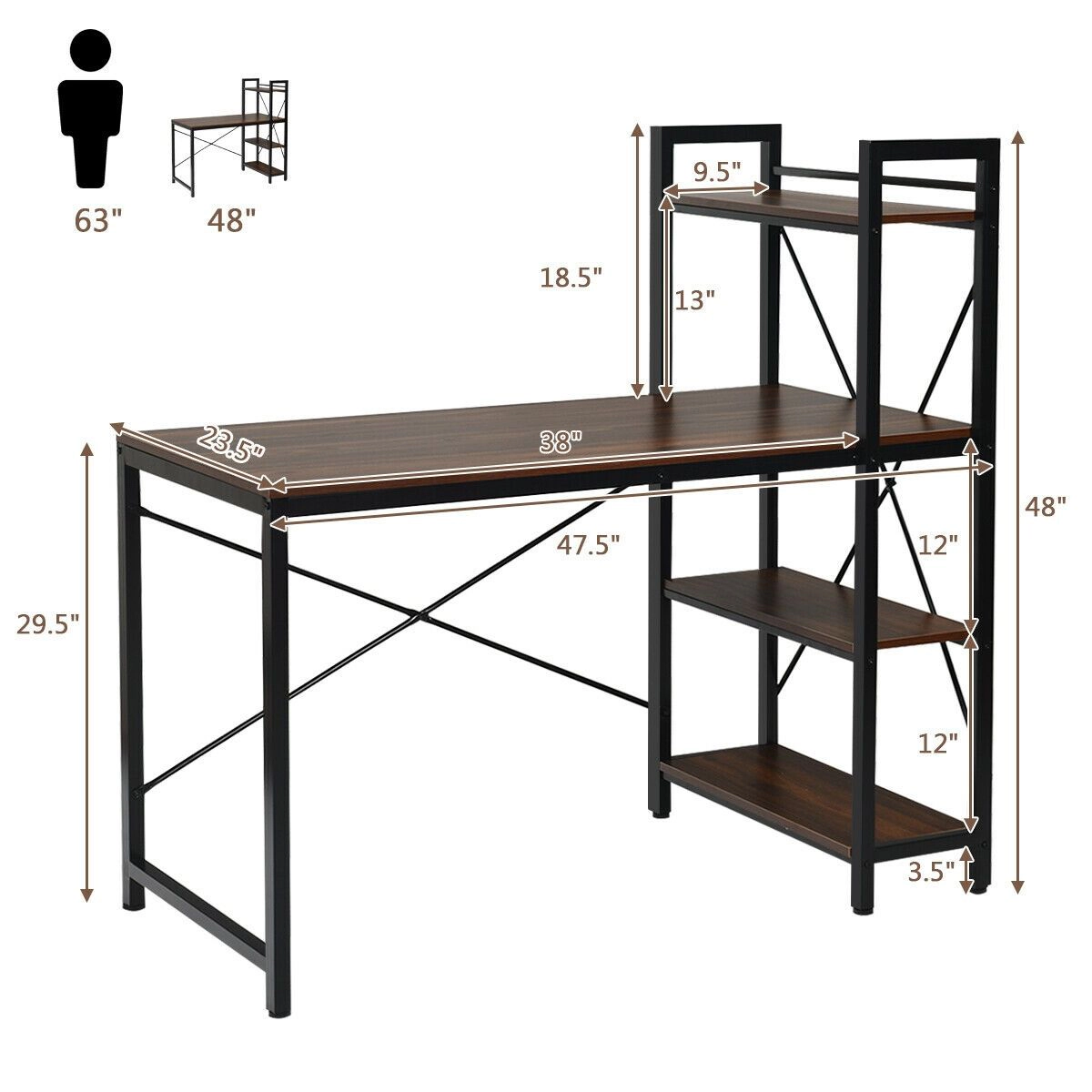 SlickBlue Computer Desk with 4-Tier Shelf and X-Frame