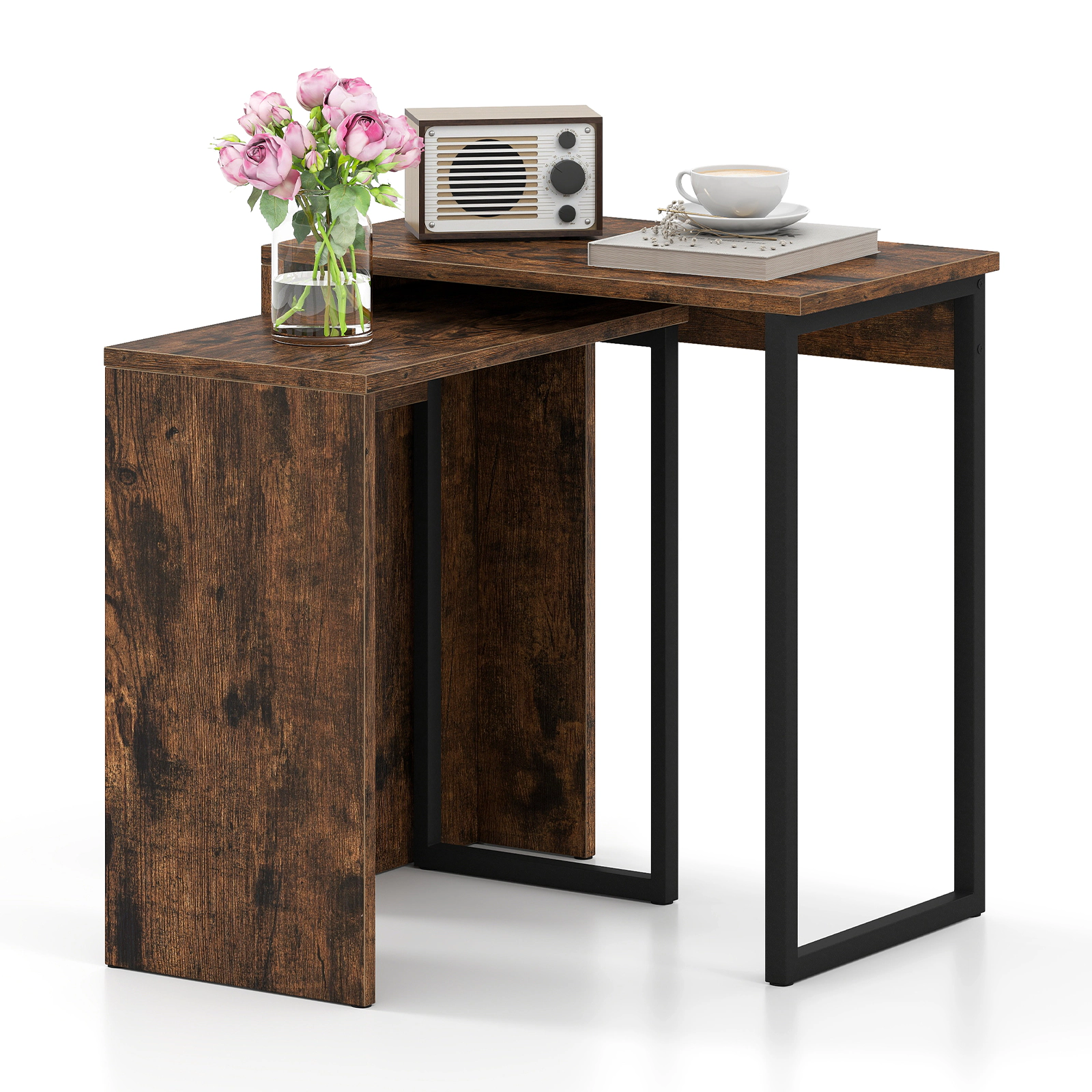 Glintex 2-Piece Nesting Side Table Set with Metal Frames and Wood-Grain Tops, Rustic Brown