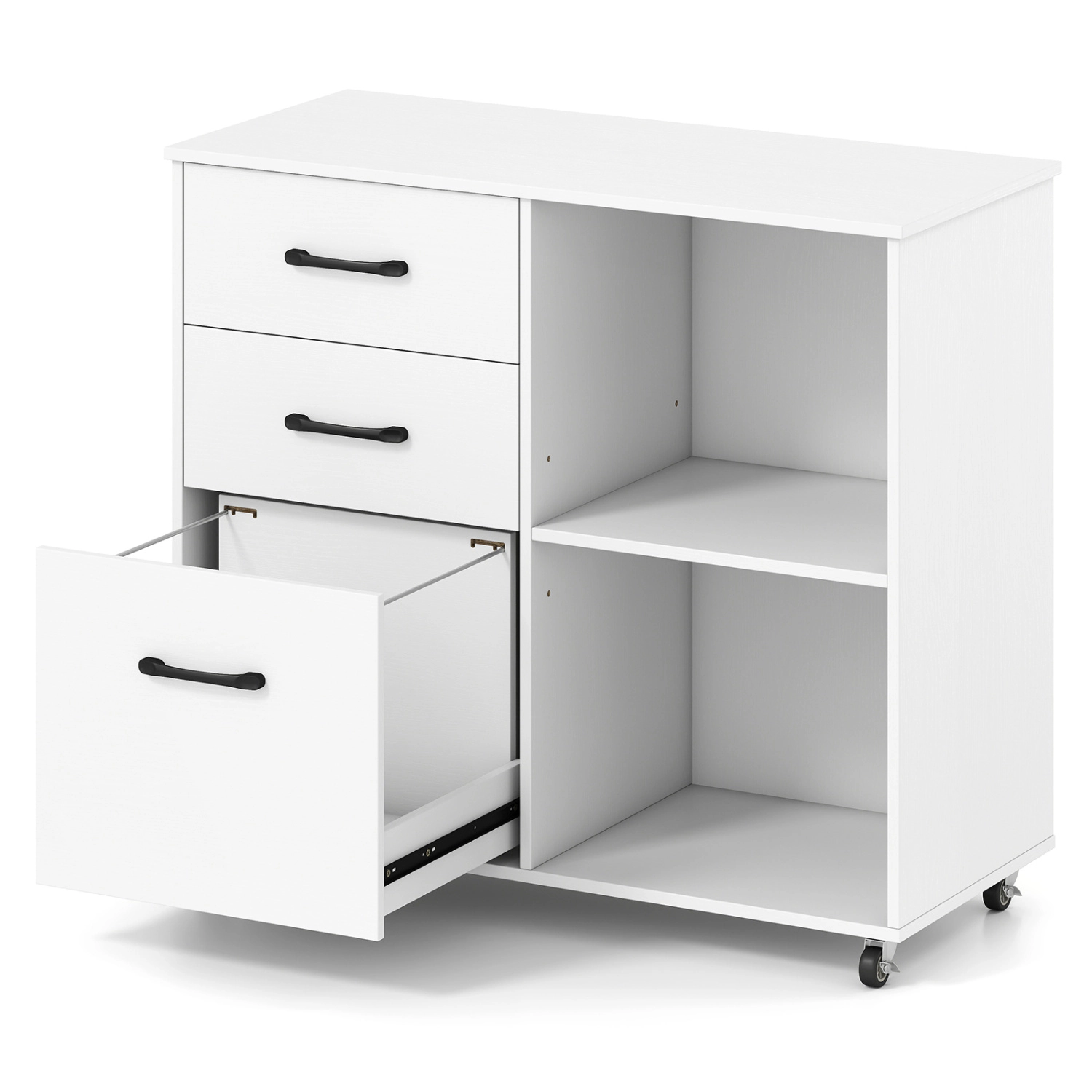 LJG 3-Drawer Mobile File Cabinet with Open Storage Shelves and Wheels for Letter A4 Size