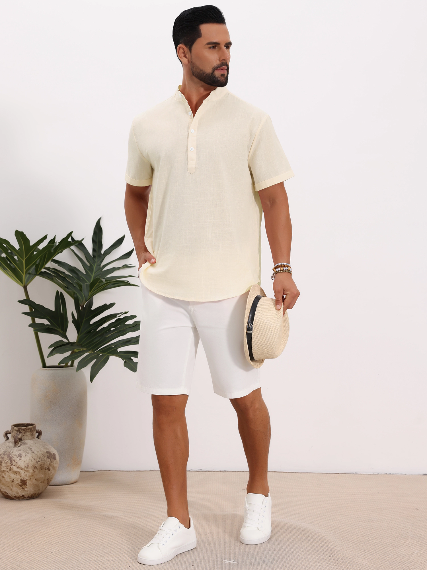 INSPIRE CHIC Men's Stand Collar Short Sleeve Linen Henley Shirt
