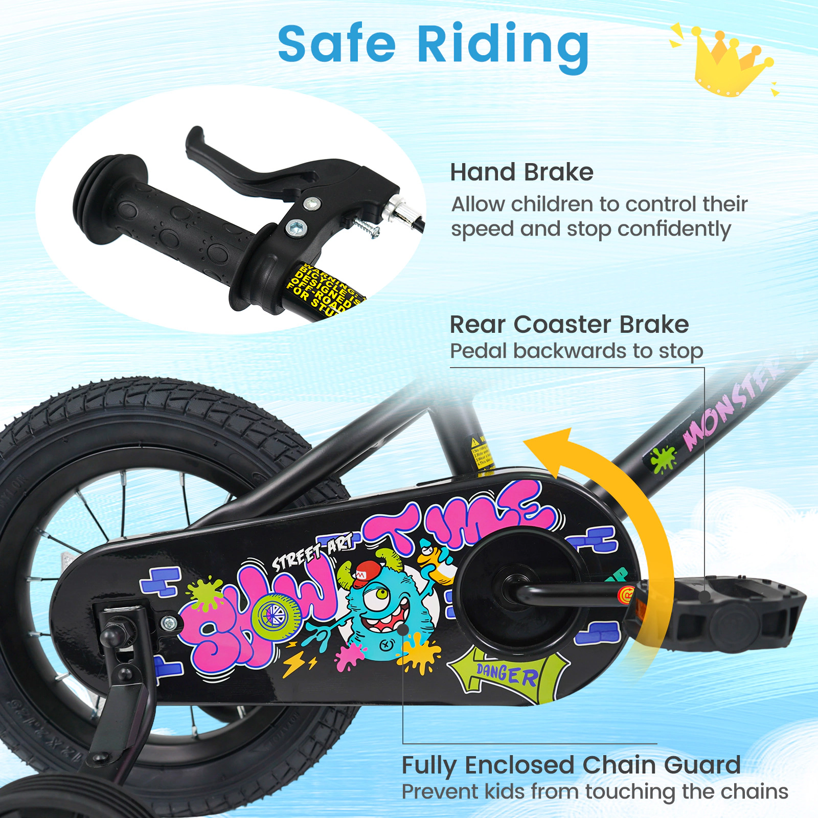 SUGIFT 12-Inch Kids Bike with Training Wheels 110-lb Capacity Ages 3-4 Years 36-in Frame Adjustable Saddle Black 1-Piece
