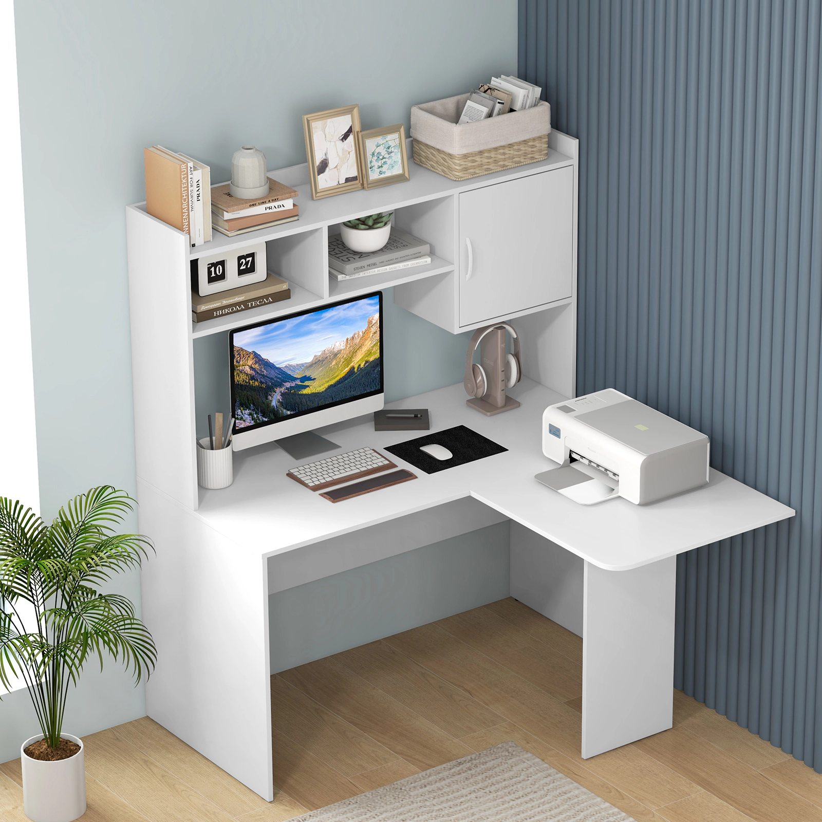 LJG L-Shaped Desk Corner Computer Desk with Open Storage Hutch and Cabinet