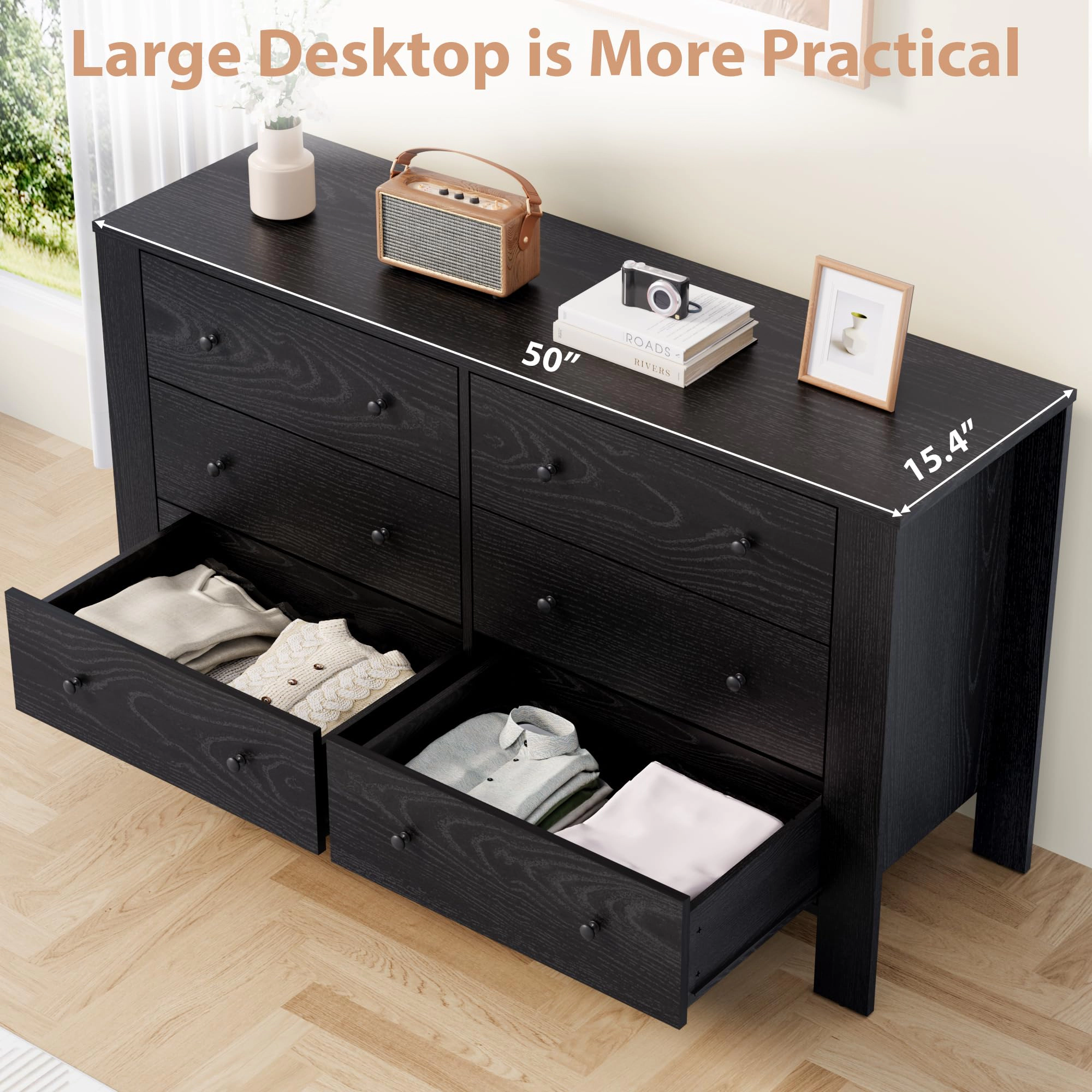 6 Drawer Modern Dresser with Metal Knobs, 50" Wide Large Wood Storage Chest for Bedroom Living Room