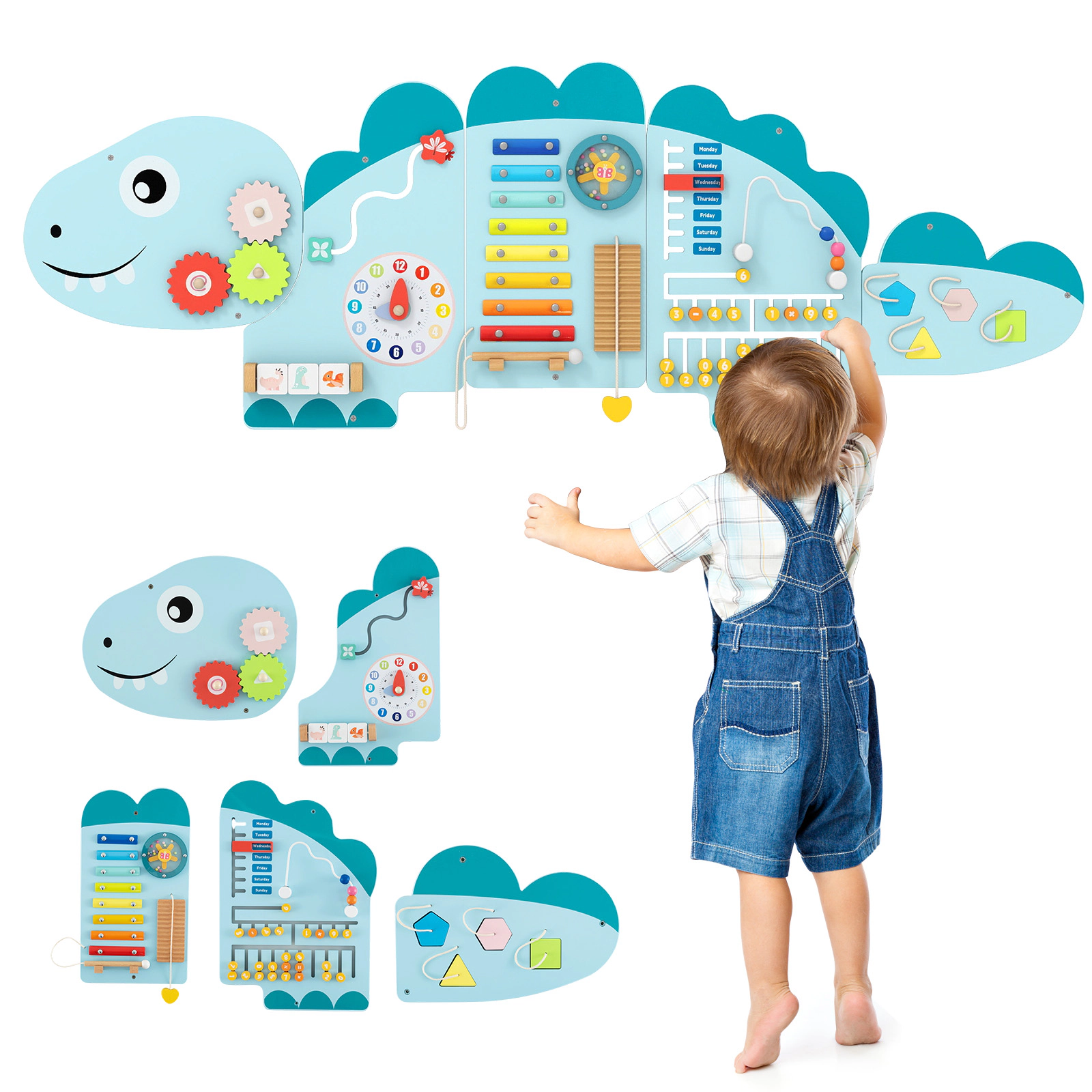 SUGIFT Toddler Blue 11-in-1 Dinosaur Montessori Busy Board with 5 Wall Panels 57-in W 18-in H Ages 3+