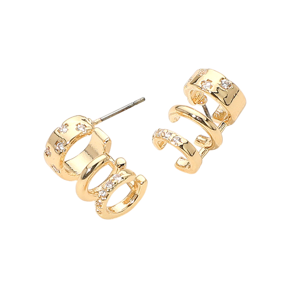 FASHNZFAB Stone Paved Triple Hoop Cuff Earrings