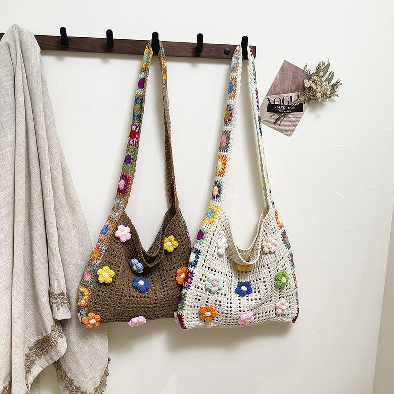 Alilang Women's Crochet Shoulder Bag with Daisy Applique and Wide Strap