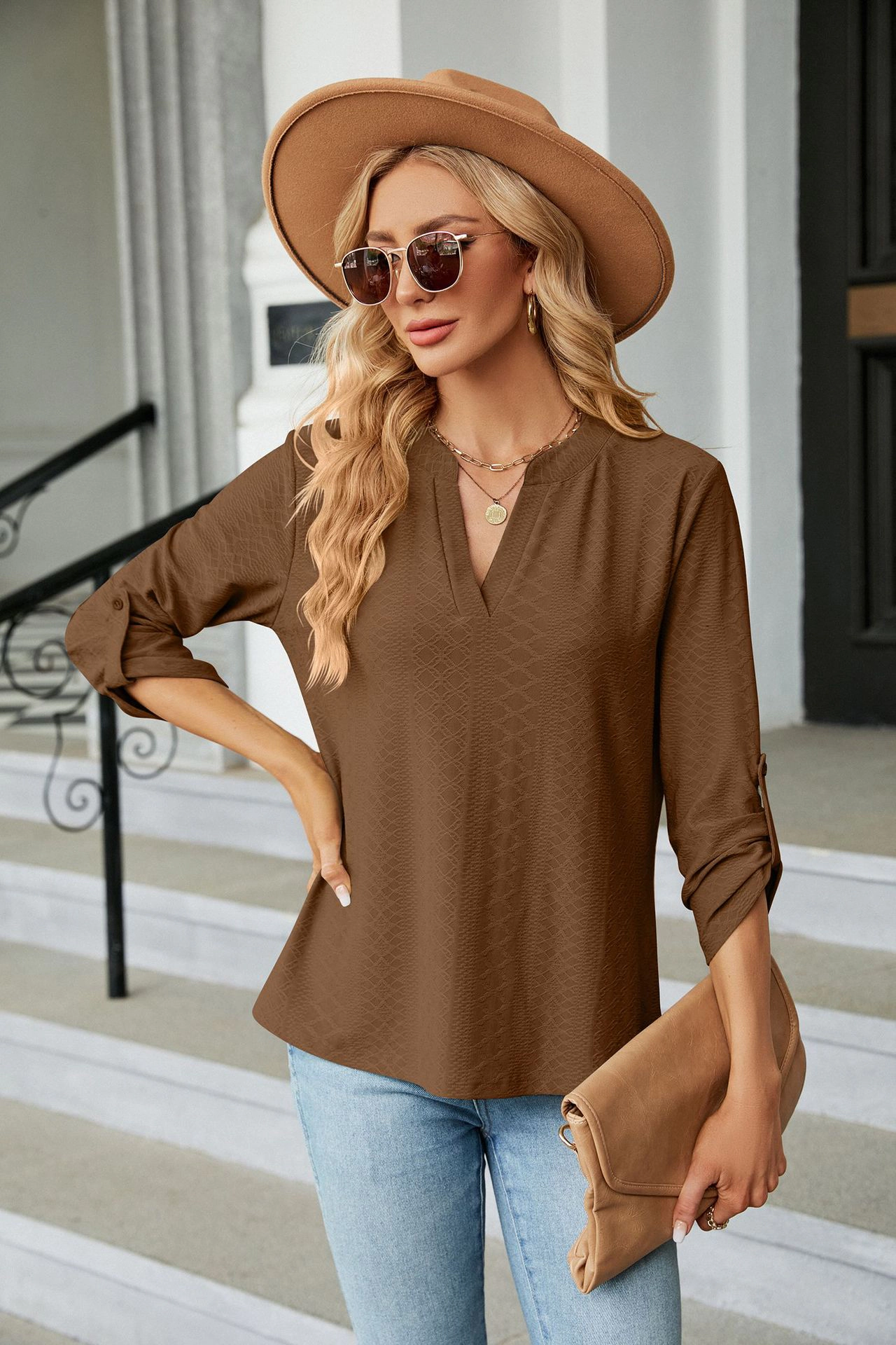 Enchanted Funland Womens Textured 3/4 Roll‑Tab Sleeve Loose Blouse Tops