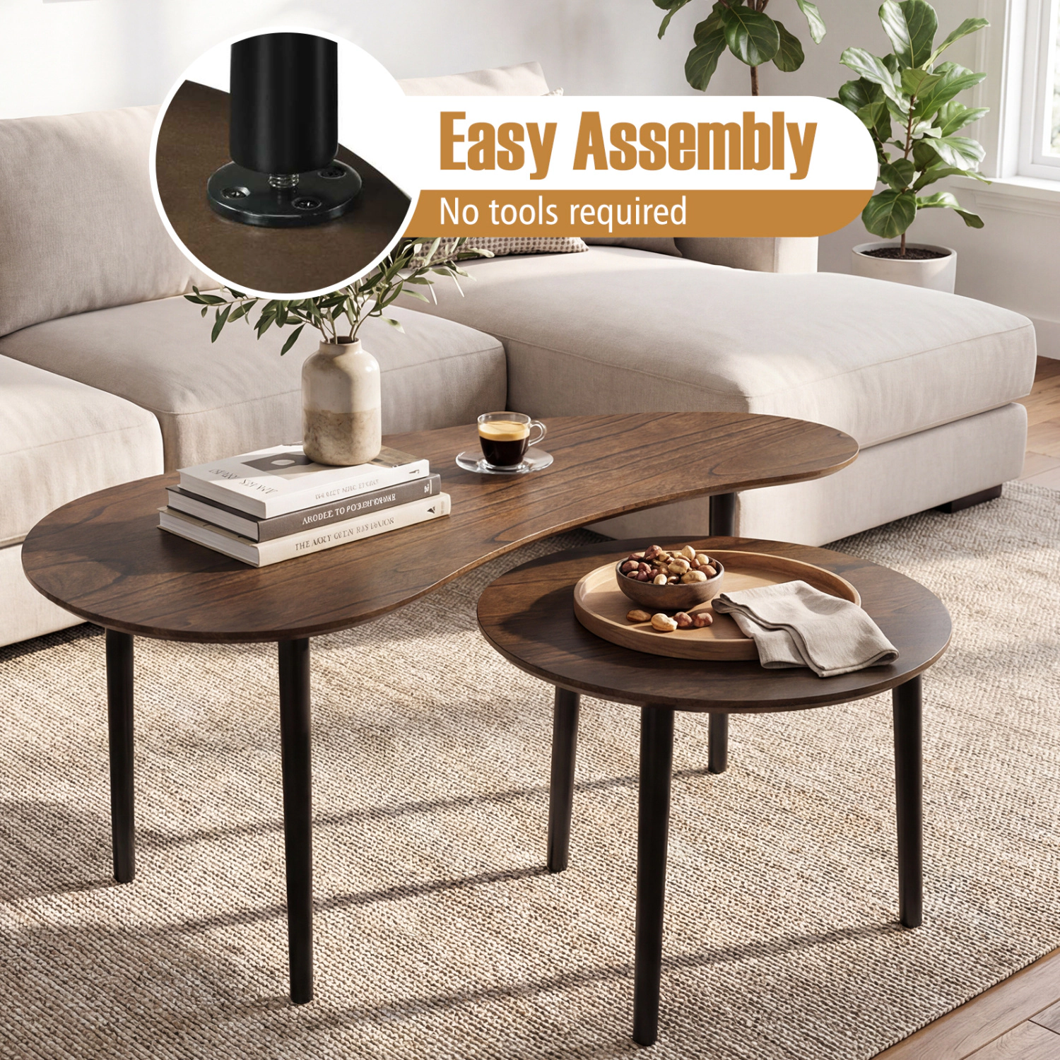 Glintex 2-Piece Mid-Century Nesting Table Set with Kidney and Round Tops, Walnut + Black