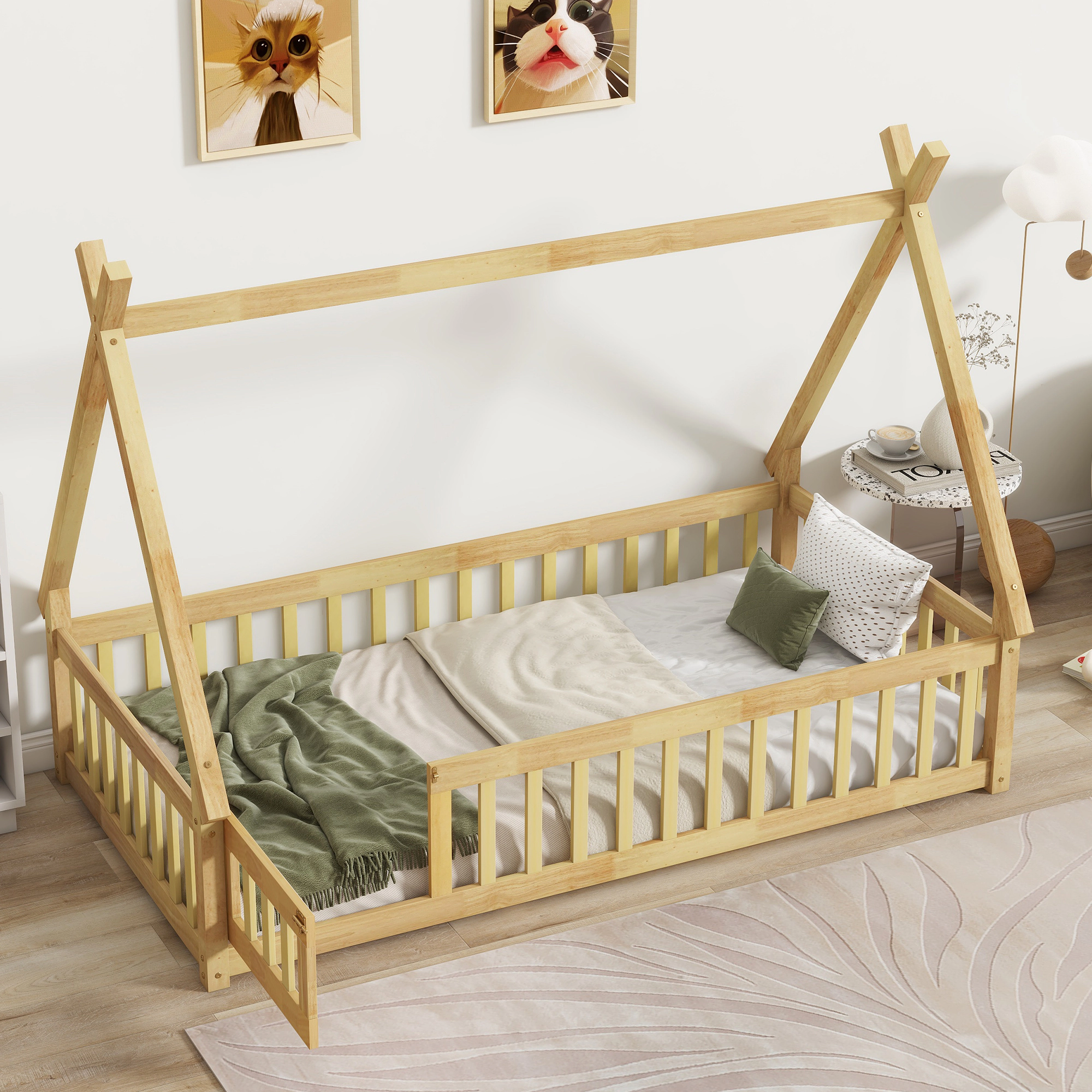 Tinyhomie Twin Tentshaped Floor Bed Teepee with Guardrails Slats and Door Natural