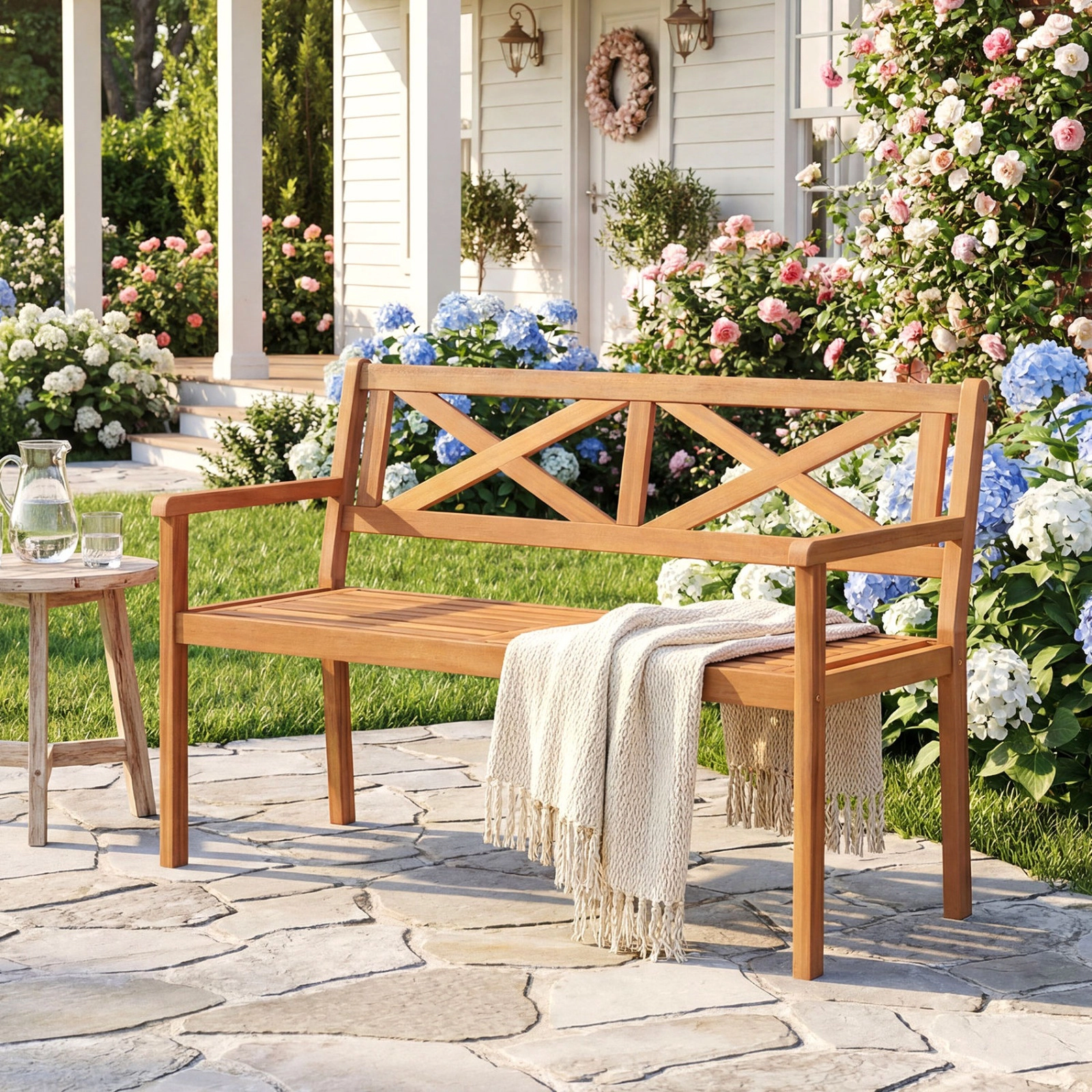 SUGIFT 44-In Acacia Wood Outdoor Loveseat Bench, Teak Finish, 800-Lb Capacity