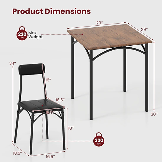 LJG 3-Piece Dining Table Set Square Kitchen Table and 2 Chairs for Dining Room