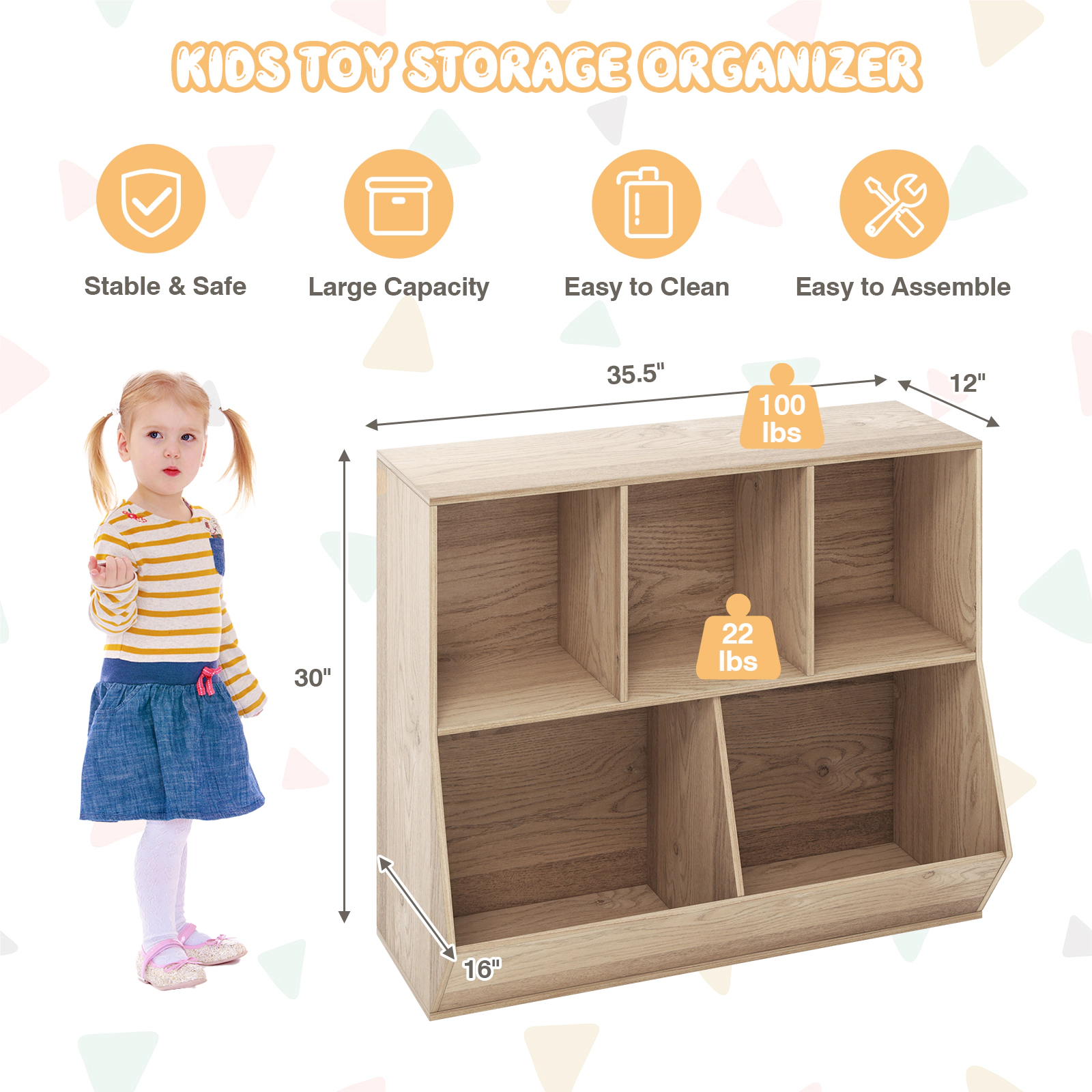SUGIFT 5-Cube Kids Toy Storage Organizer with Anti-Tipping Kits 110-lb Top Capacity 22-lb Cube Capacity Natural/White