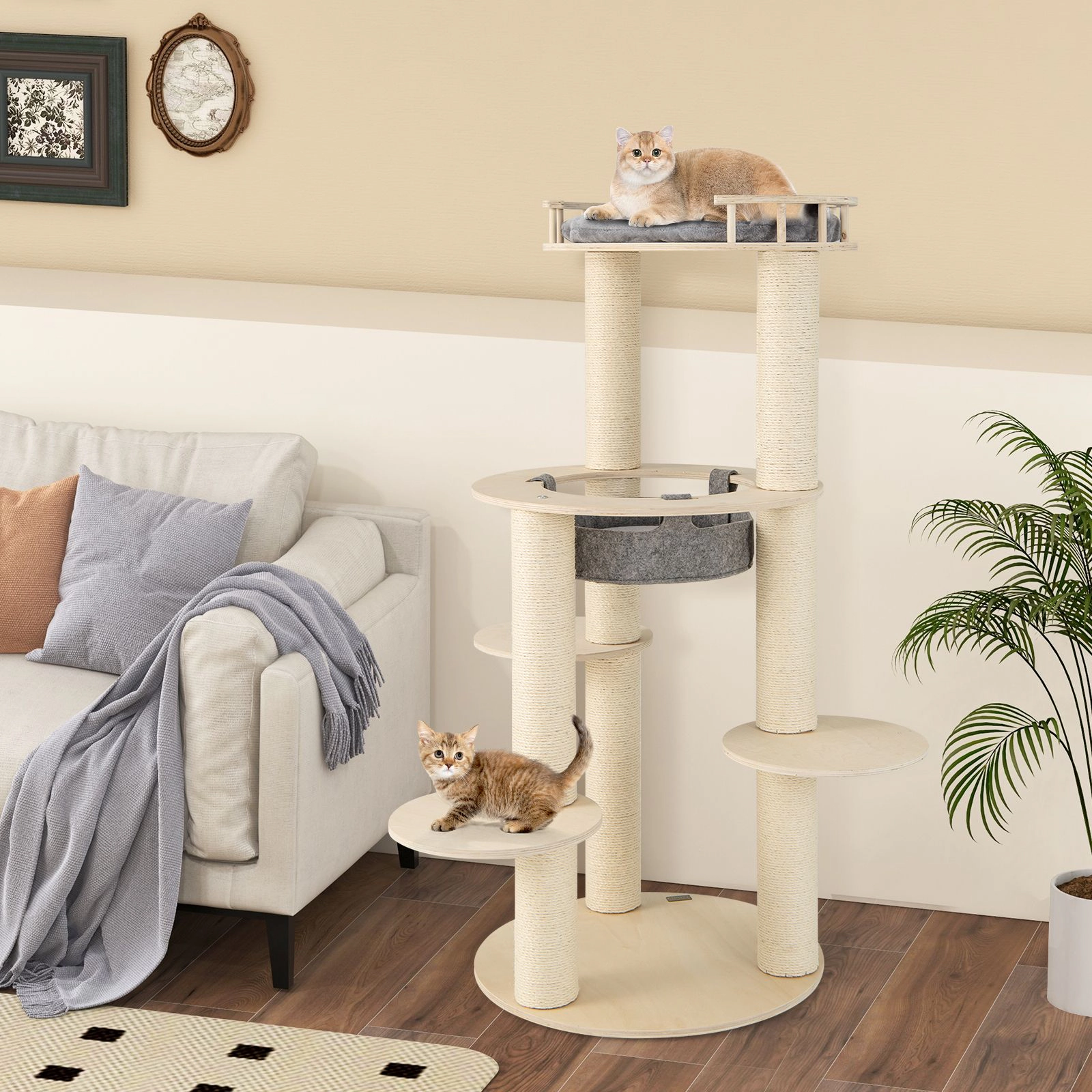 SlickBlue 59 Inch Wooden Cat Tree with Hammock & Plush Perch