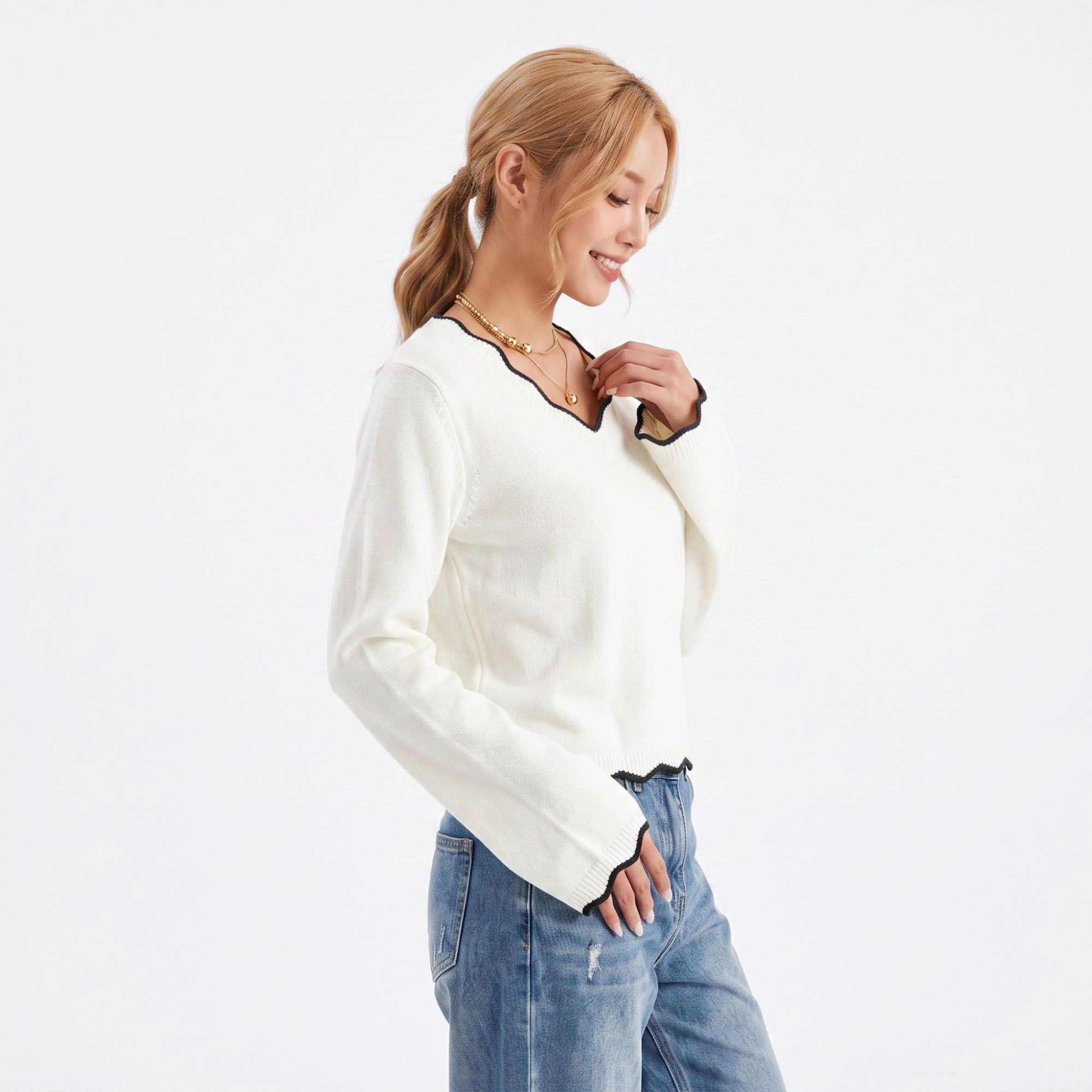 Anna-Kaci Women's Contrast Trim V Neck Sweater Flare Sleeve Scalloped Hem Knit Pullover