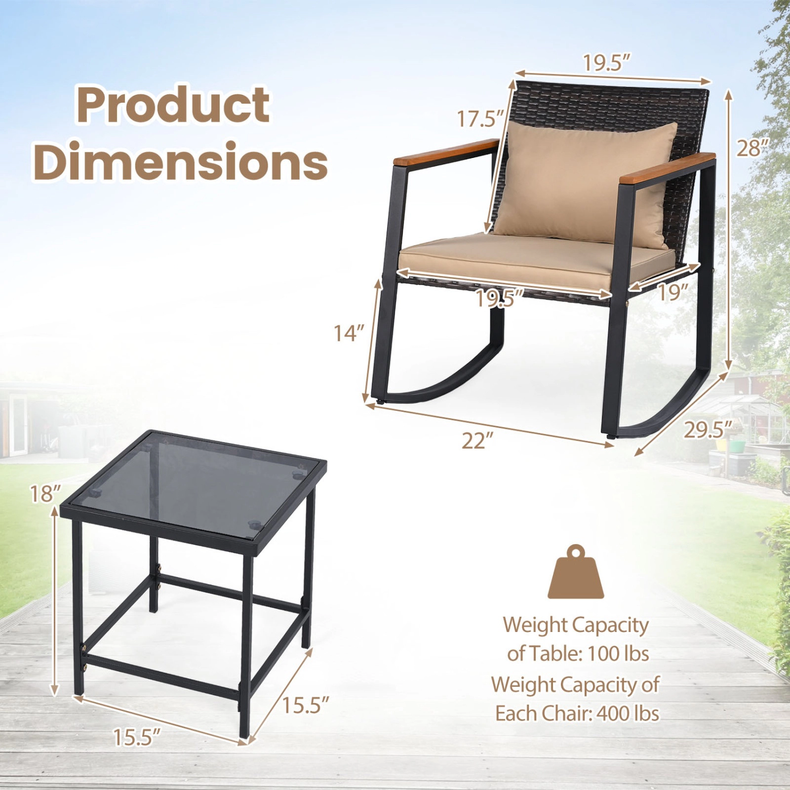 SUGIFT Outdoor Rocking Conversation Bistro Set with Cushions & Tempered Glass Table 397-lb Chair Capacity Brown & Black