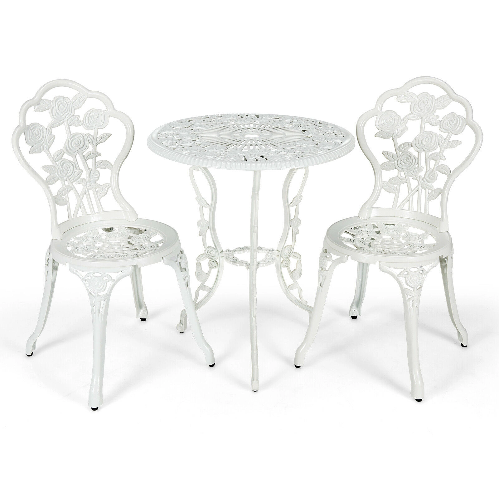 SUGIFT 3-Piece White Cast Aluminum Patio Bistro Set with Rose Design, Round Table and 2 Chairs