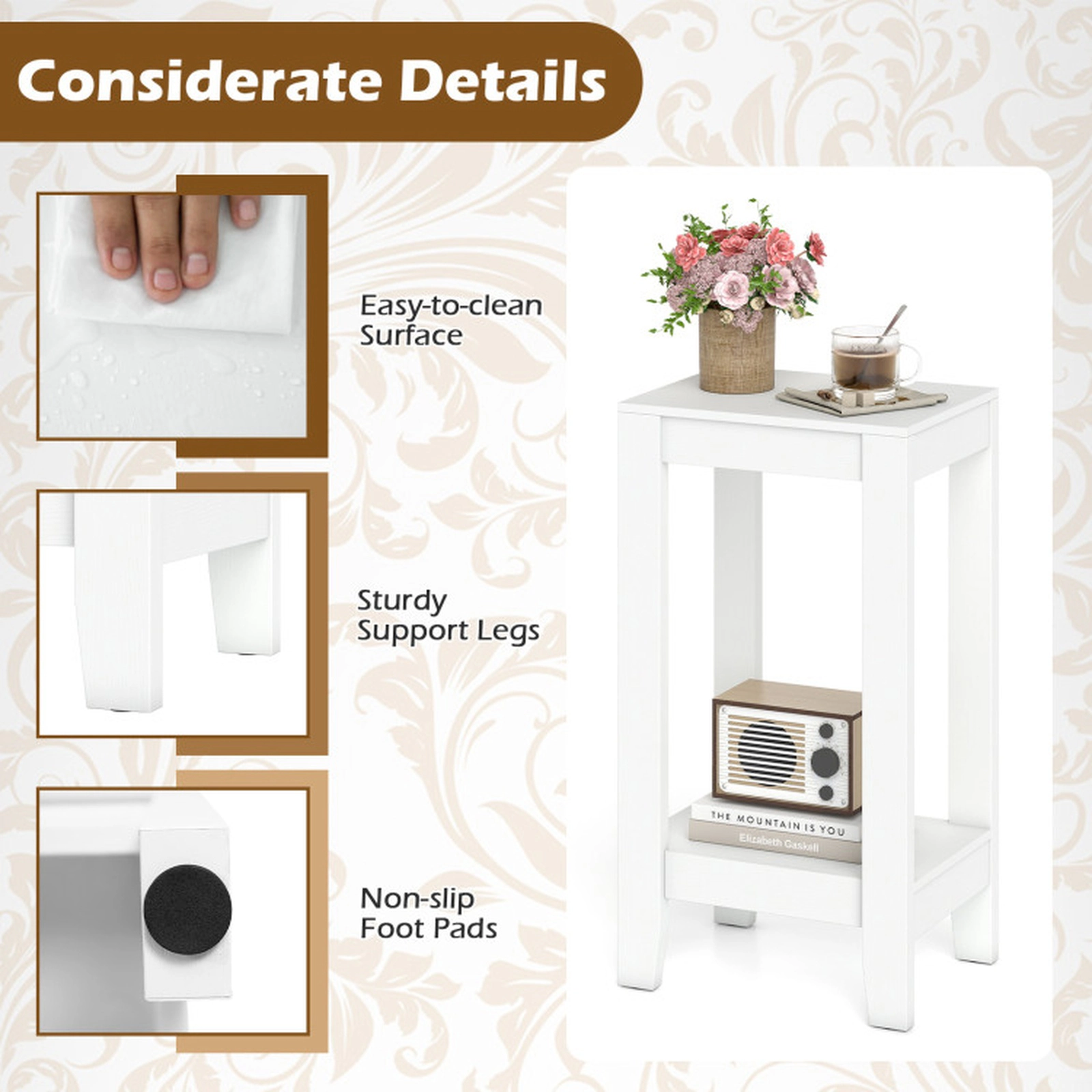 SUGIFT White 29-Inch Tall 2-Tier Nightstand with Storage Shelf and Wooden Legs