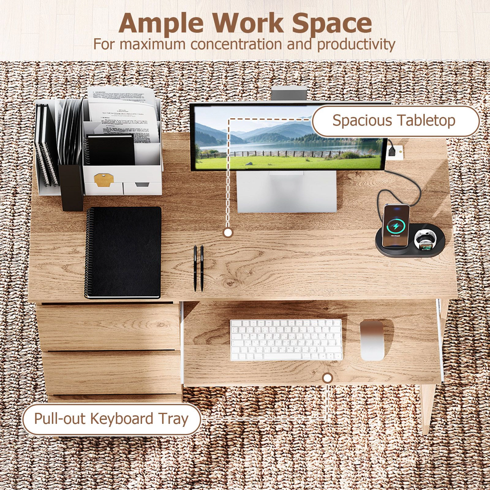 SlickBlue Computer Desk with Charging Station and 3 Drawers