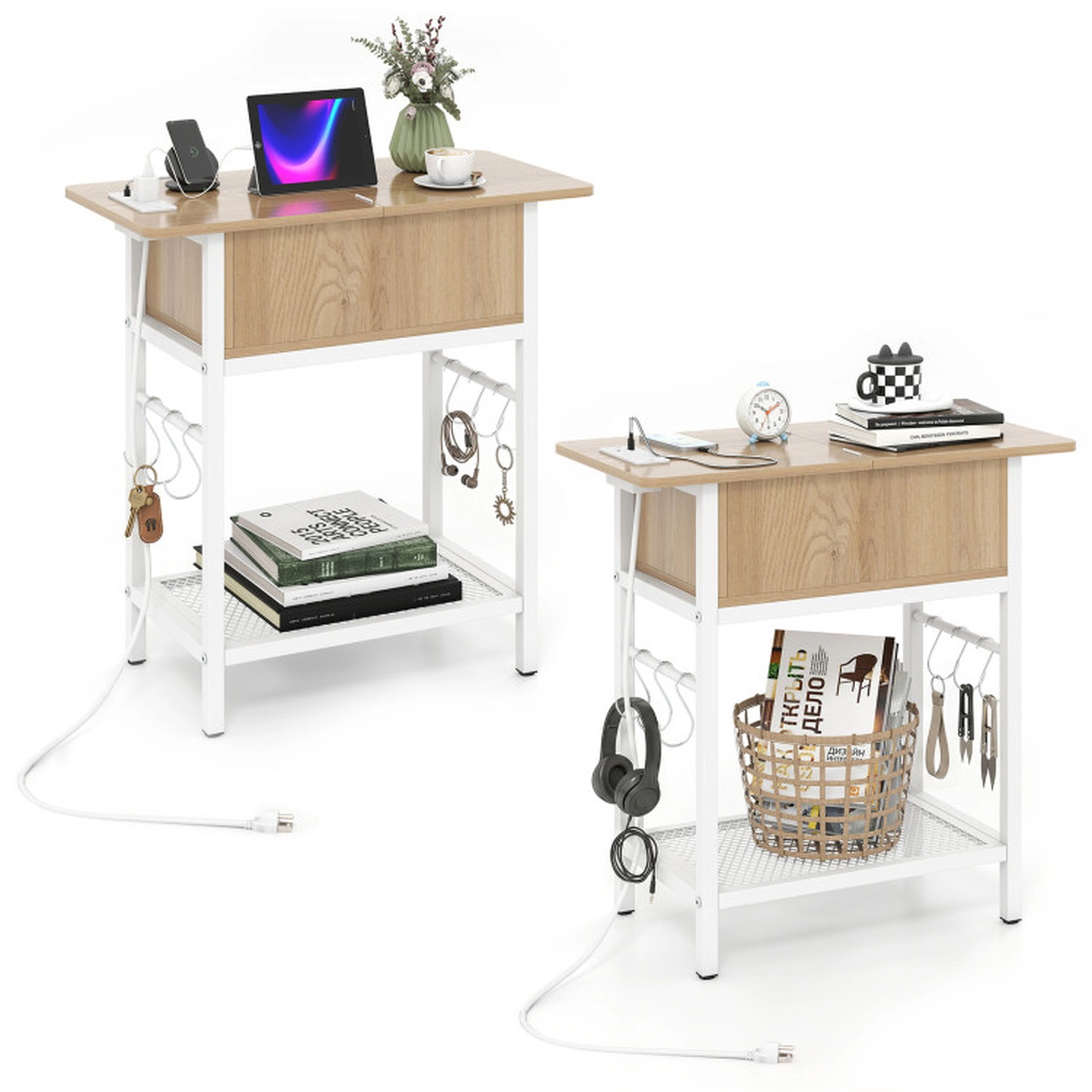 SUGIFT Set of 2 24-Inch End Tables with Charging Station, Hidden Storage and S Hooks