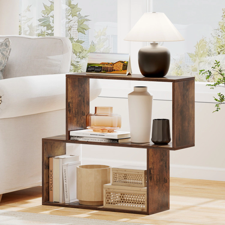Hivvago 3-Tier Geometric Bookshelf Freestanding Wooden Bookcase with 2 Cubic Compartments