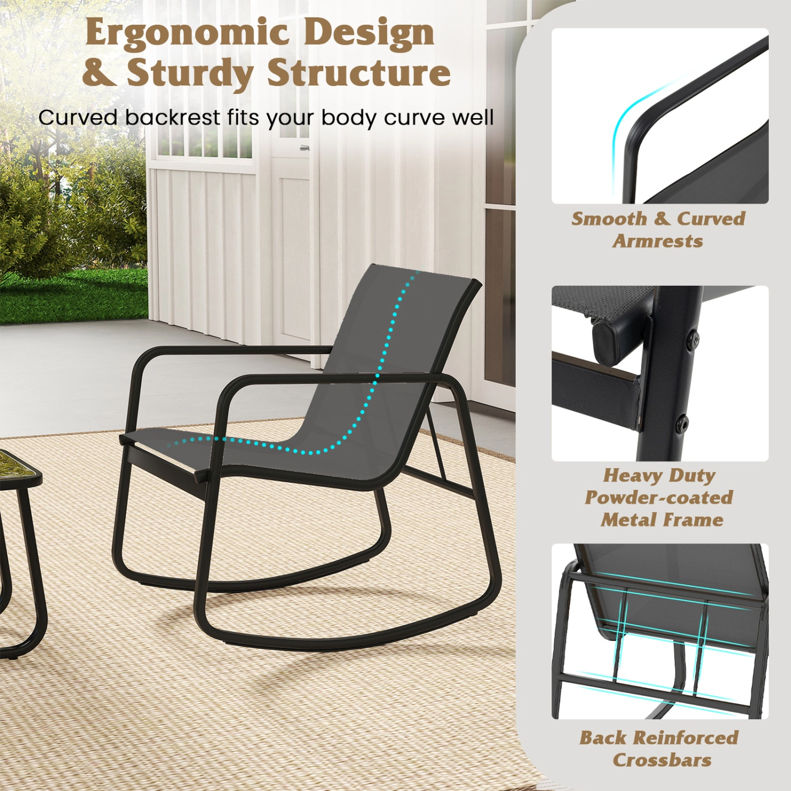 SUGIFT 3-Piece Gray Mesh Patio Rocking Chair Set with Two Rockers and 17-Inch Tempered Glass Table