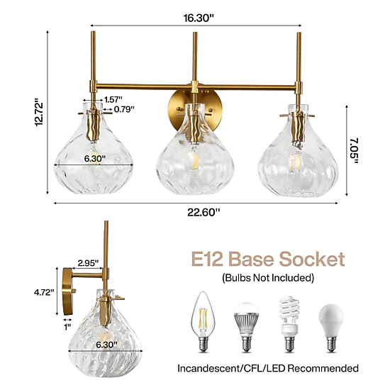 Tribesigns Three-Light Ripple Glass Shade Modern Vanity Light