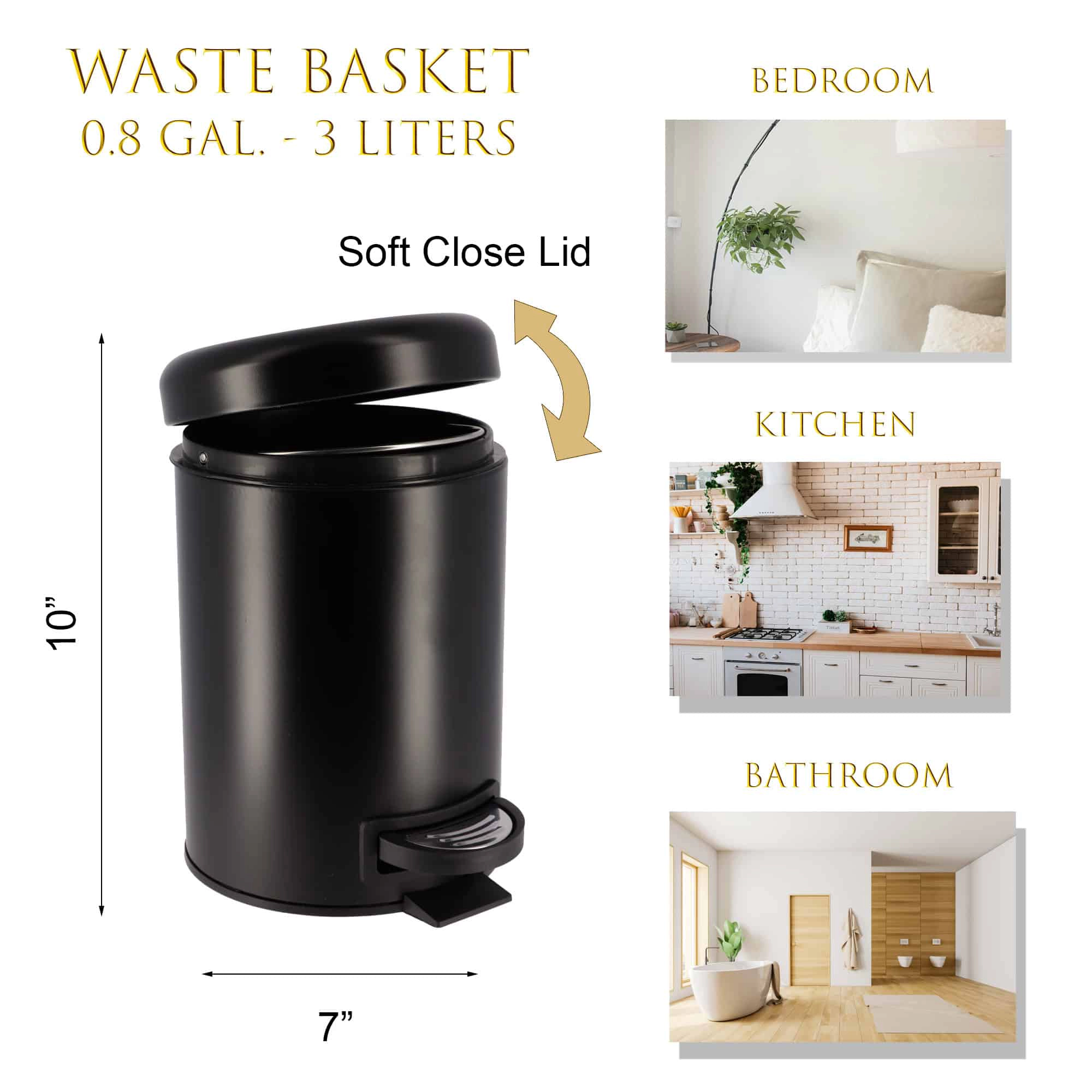 Evideco French Home Goods 3-Quart Metal Step Trash Can - Compact Soft-Close Bathroom Bin