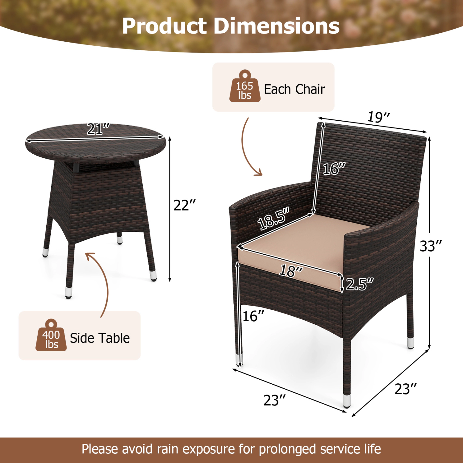 LJG 3 Piece Patio Furniture Set Outside Bistro for Porch