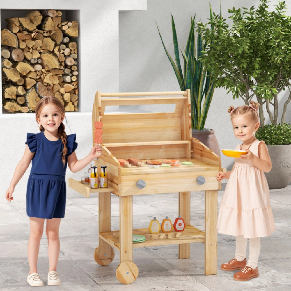 SUGIFT Kids Wooden Barbecue Grill Playset Pretend Kitchen with 25-Piece Food Set Ages 3+ 21-in Wide Natural