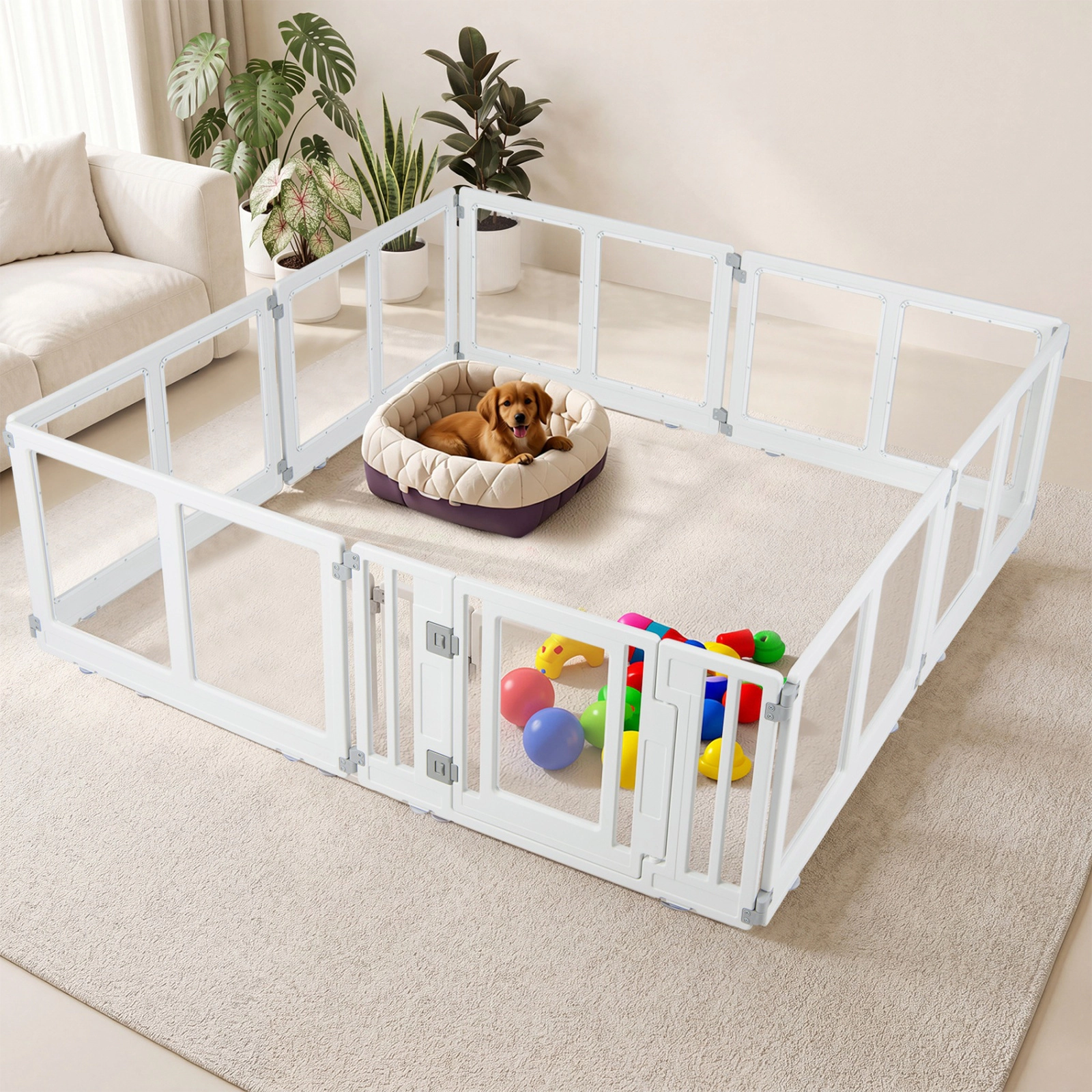 SUGIFT Clear Plastic 8-Panel Dog Playpen Pet Gate with Secure Locking Door 22.5-in Tall Multiple Layouts White