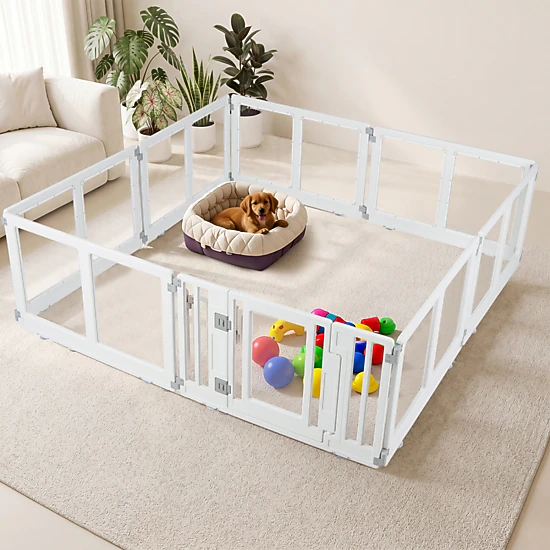 SUGIFT Clear Plastic 8-Panel Dog Playpen Pet Gate with Secure Locking Door 22.5-in Tall Multiple Layouts White