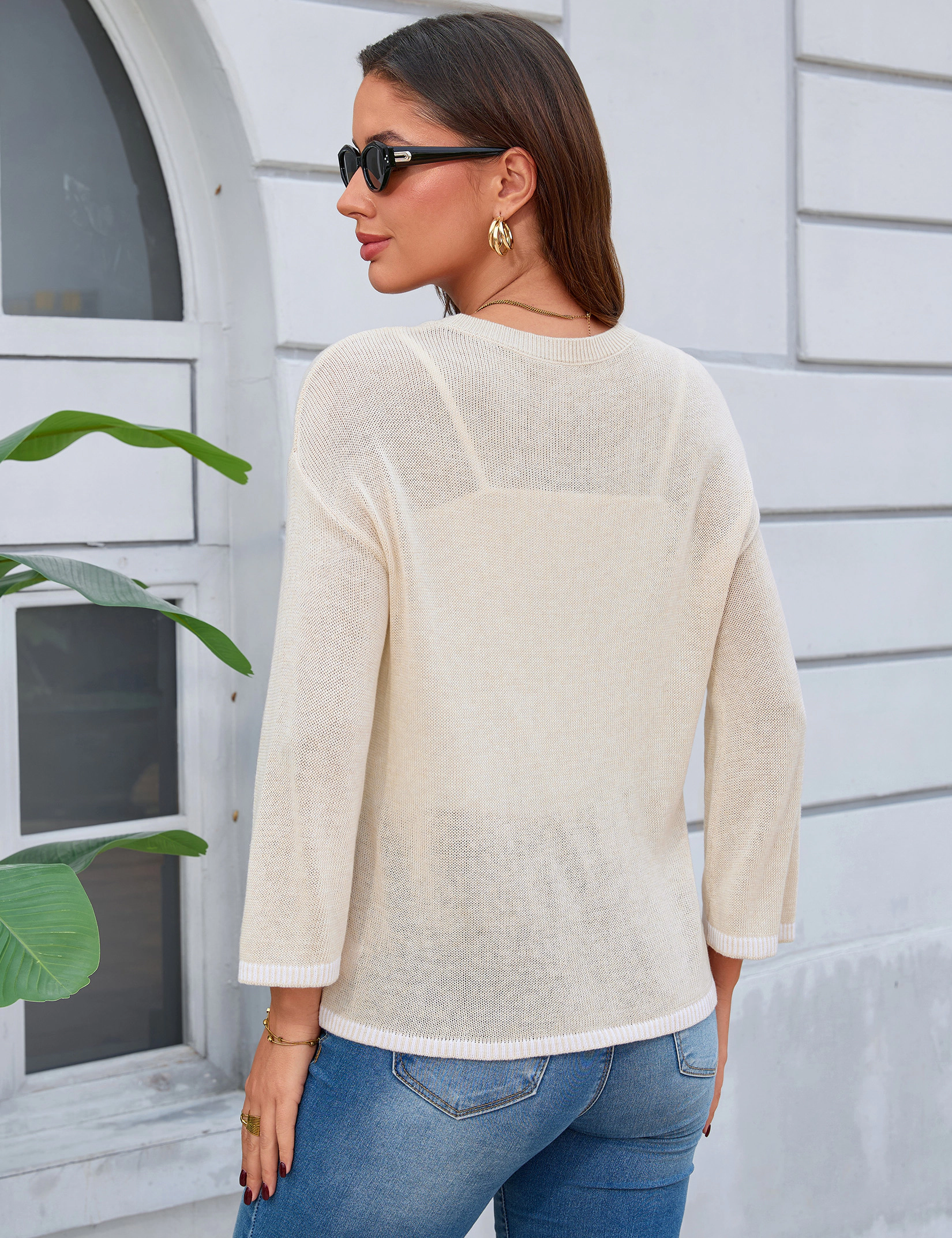 KOJOOIN Women's Knit Sweater Crew Neck Drop Shoulder 3/4 Bell Sleeve Striped Trim Pullover Tops