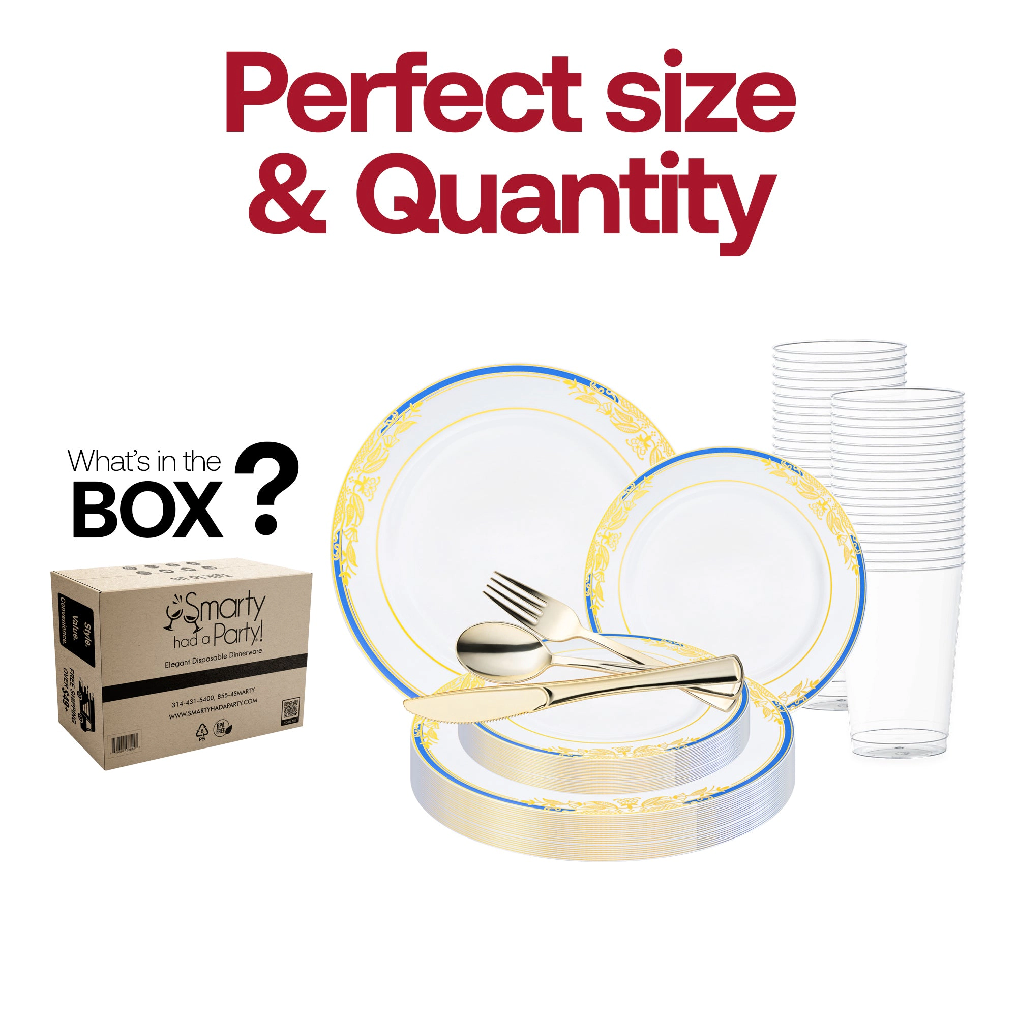 Smarty Had A Party White with Blue and Gold Harmony Rim Plastic Wedding Value Set