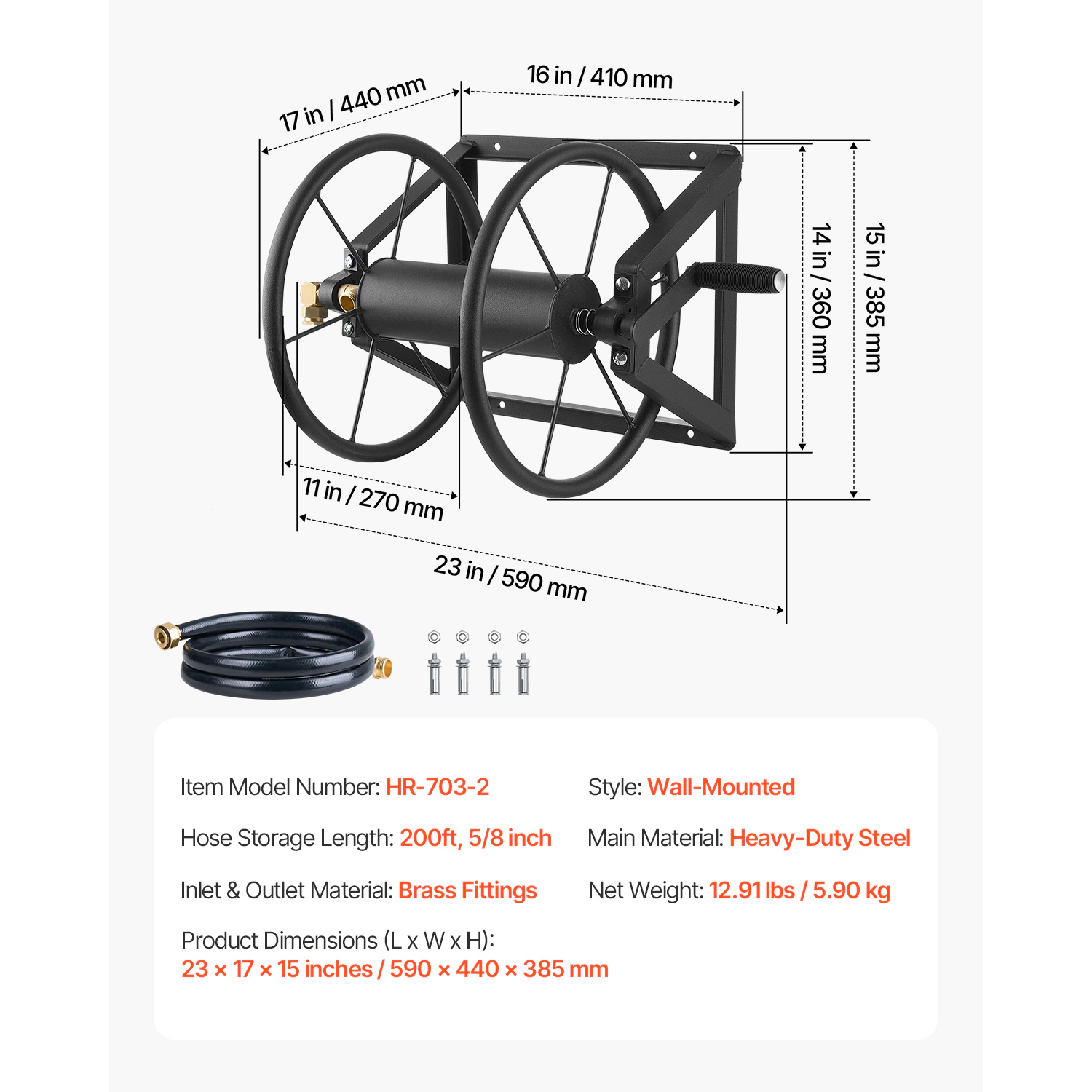HONGGE Heavy-Duty Wall Mounted Garden Hose Reel Holds 5/8-inch Hose Outdoor Winder