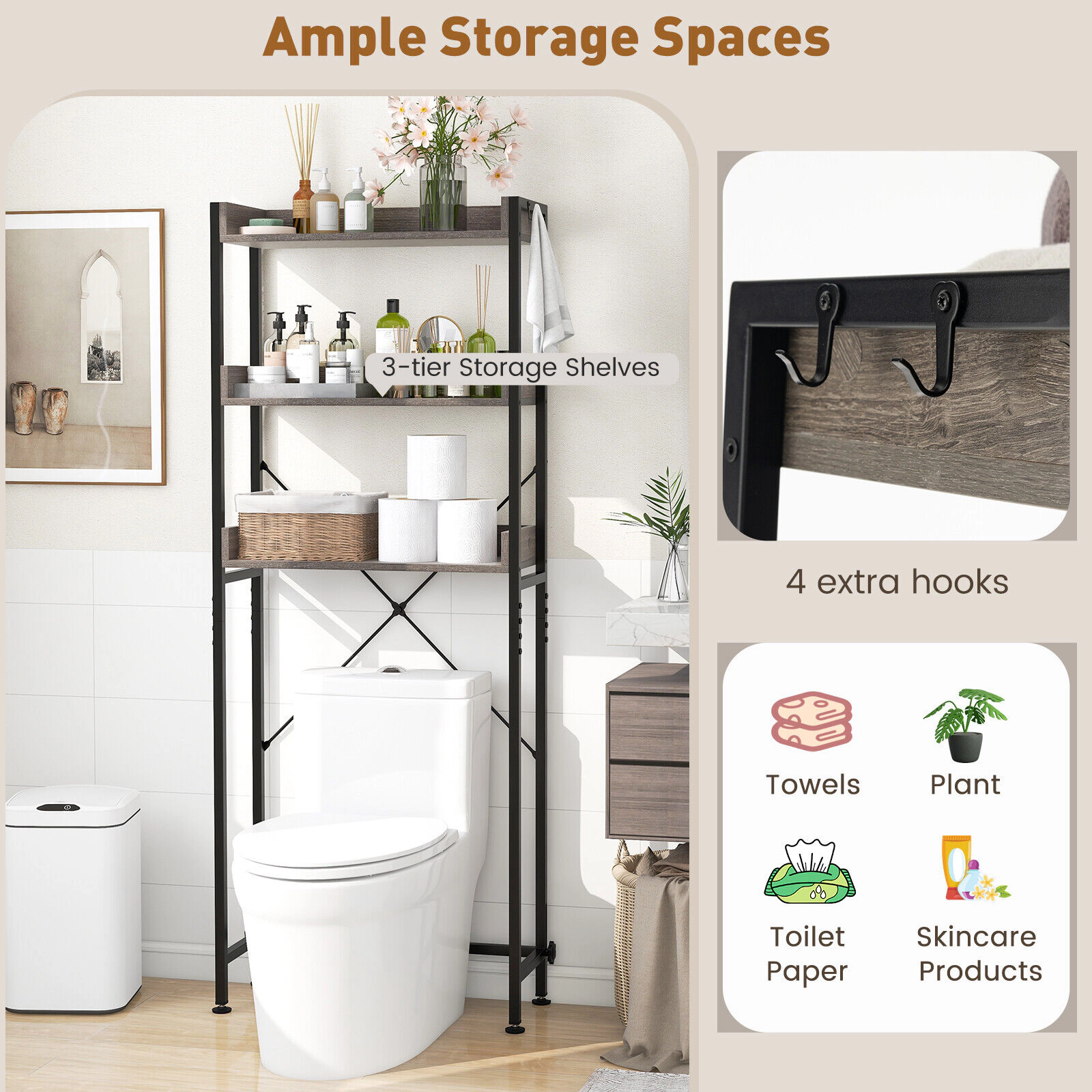 SUGIFT 64.5-in Over the Toilet Bathroom Storage Rack with 3 Open Shelves Edge Guards and 4 Side Hooks