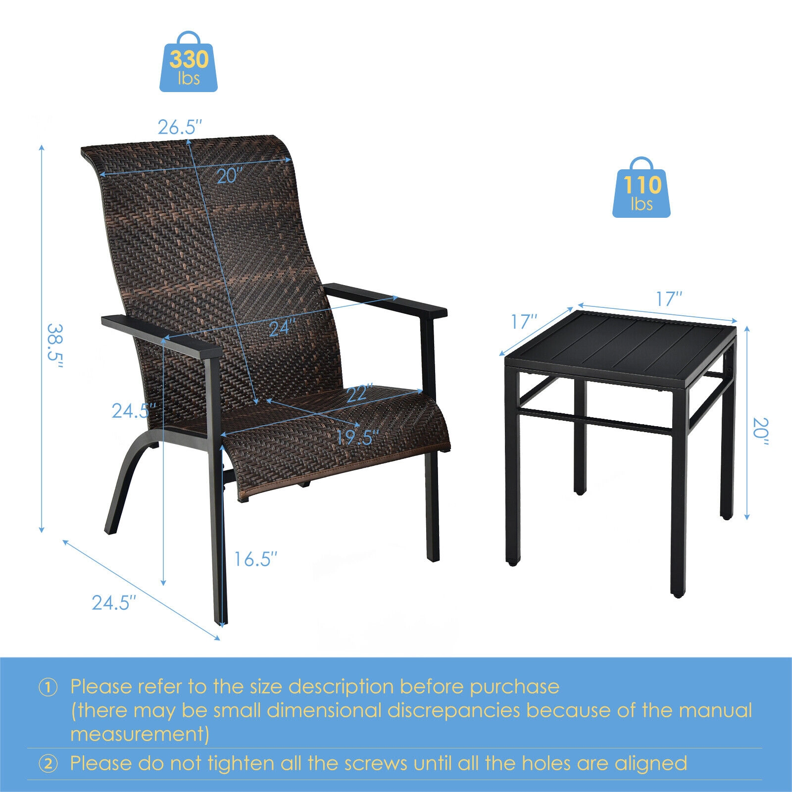 SUGIFT Patio Conversation Bistro Set with High Backrest & Armrest 330-lb Chair Capacity 110-lb Table Capacity Mix Brown