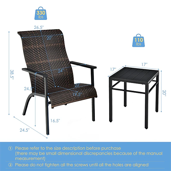 SUGIFT Patio Conversation Bistro Set with High Backrest & Armrest 330-lb Chair Capacity 110-lb Table Capacity Mix Brown