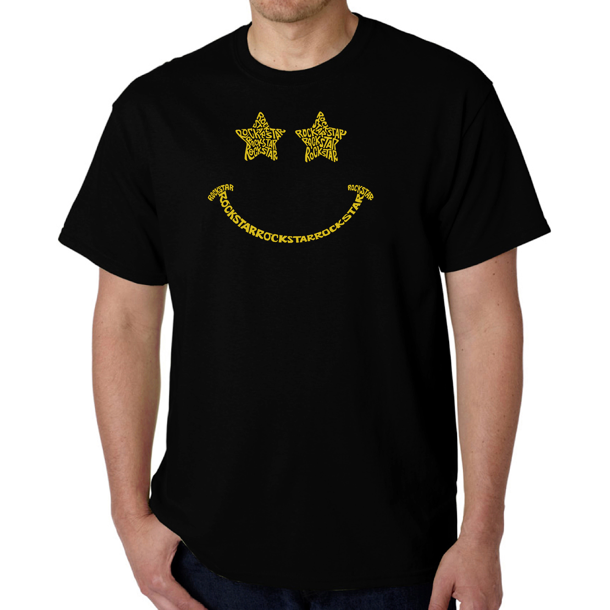 LA Pop Art Men's Rockstar Smiley Word T-Shirt, Crew Neck Short Sleeve, Regular Fit, 100% Cotton