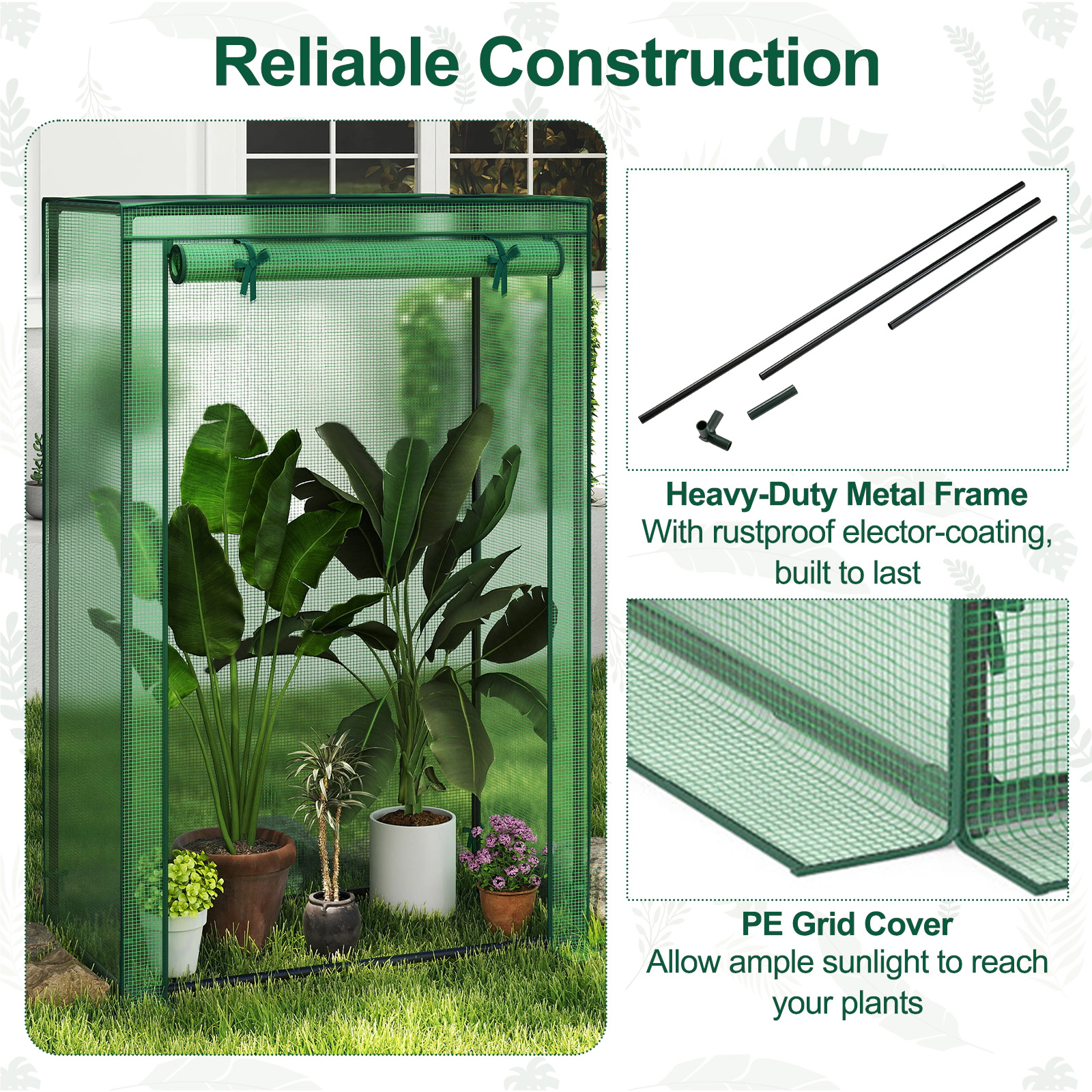 SUGIFT Portable Mini Greenhouse with PE Grid Cover and Roll-Up Zippered Door 59-in Tall Green/White