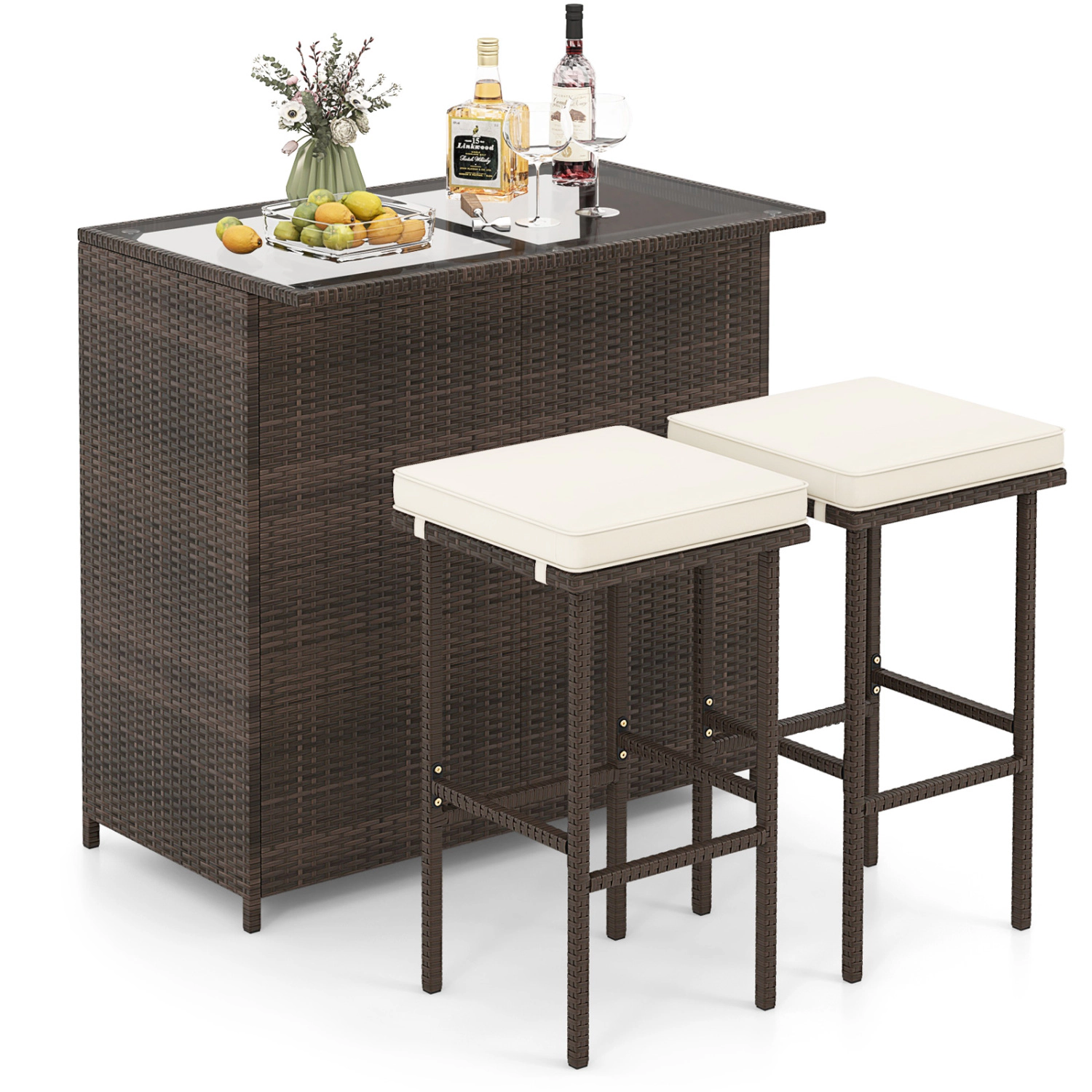 LJG 3PCS Patio Rattan Wicker Bar Table Stools Dining Set