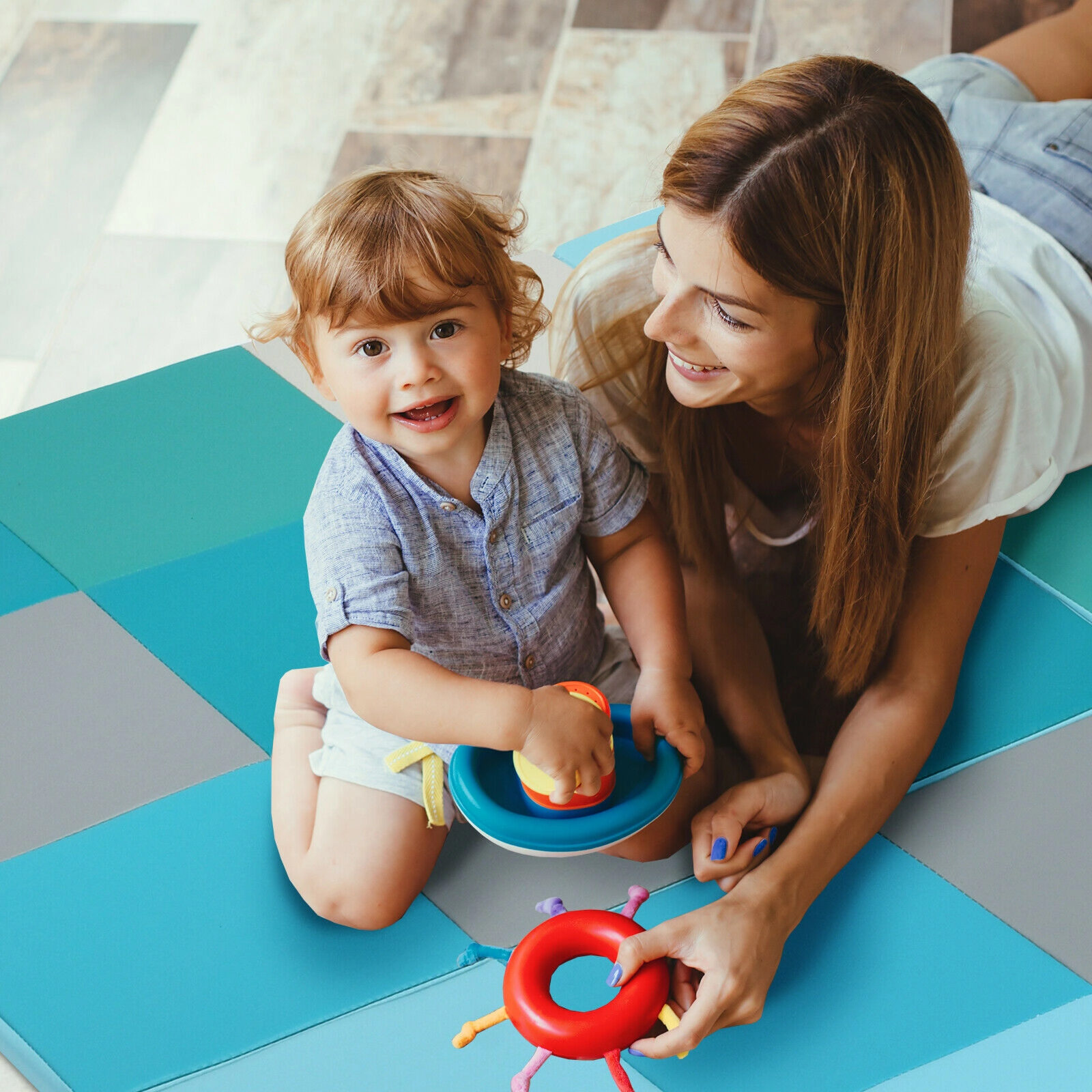 SUGIFT Light Blue 58-in Foldable Baby Play Mat with 1-in EPE Foam Core and Waterproof Non-Slip PU Top