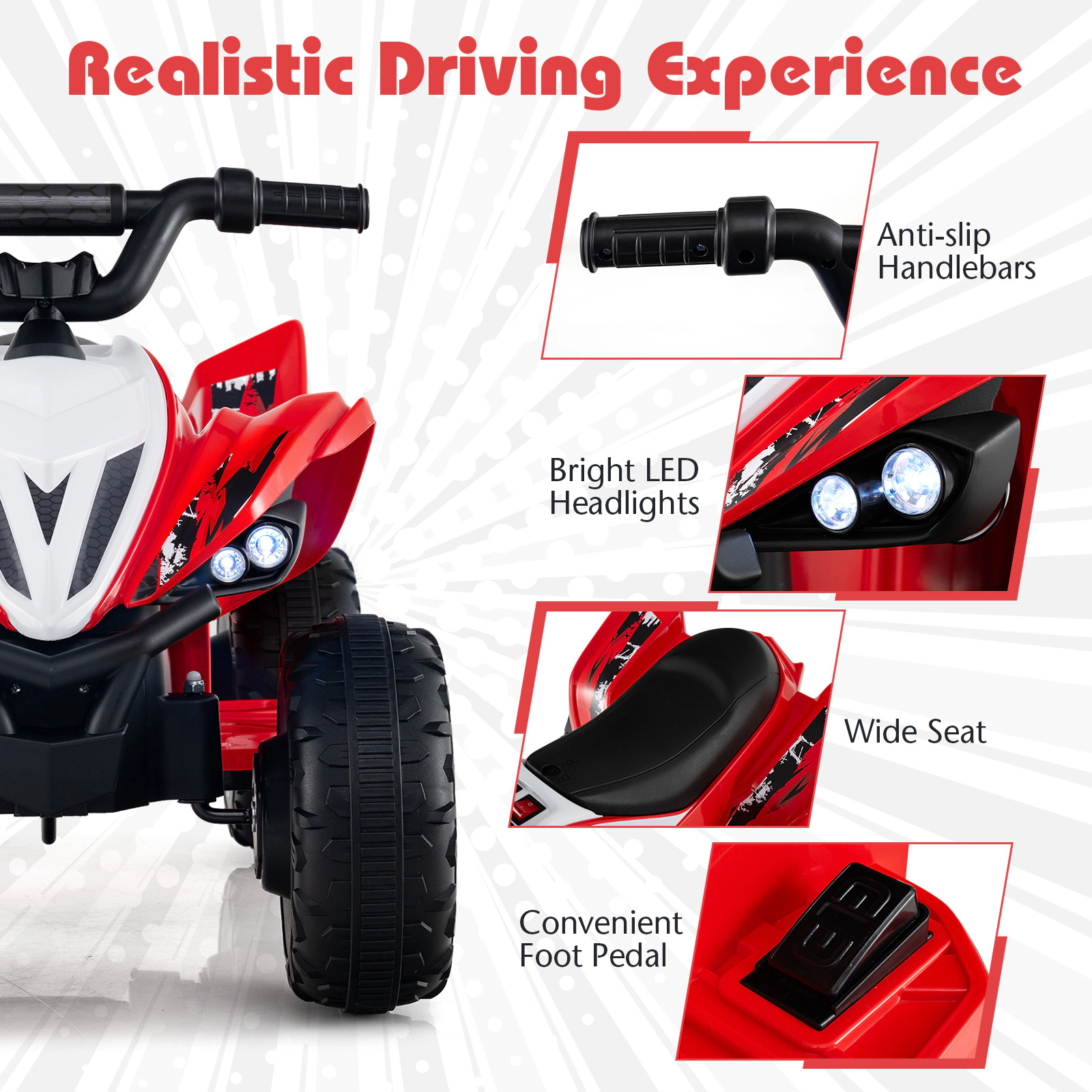 SUGIFT 12V 4-Wheeler Kids Ride On ATV Quad 3-7 mph 66-lb Capacity Ages 3+ with LED Lights 33.1-in Long Red