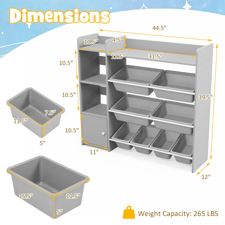 Hivvago 4-Tier Kids Bookshelf and Toy Storage Rack with 8 Toy Organizer Bins-Grey