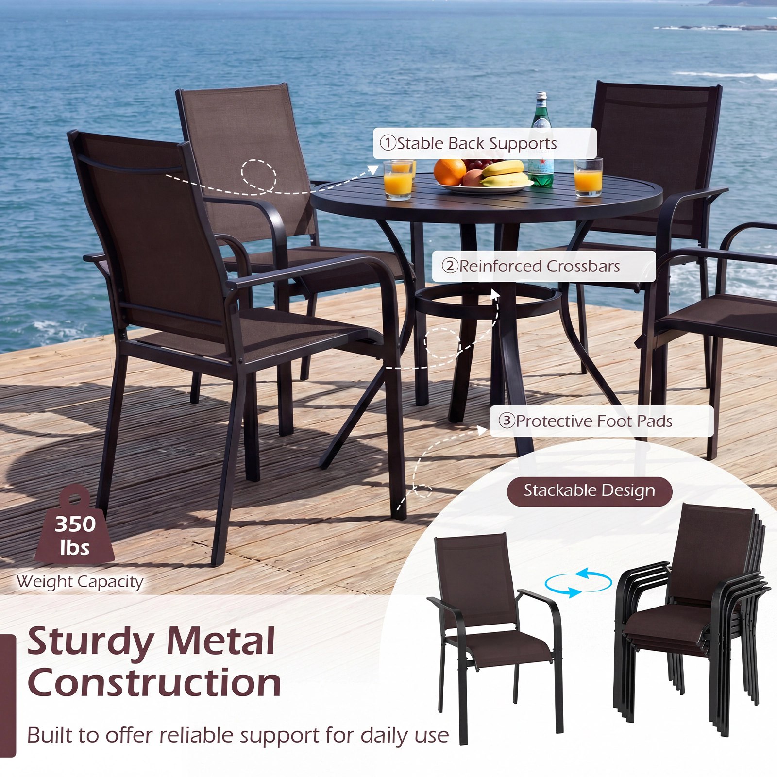 SUGIFT Stackable Metal Patio Dining Armchairs with Breathable Mesh 350-lb Capacity Coffee 22 x 21 x 36 in Set of 2