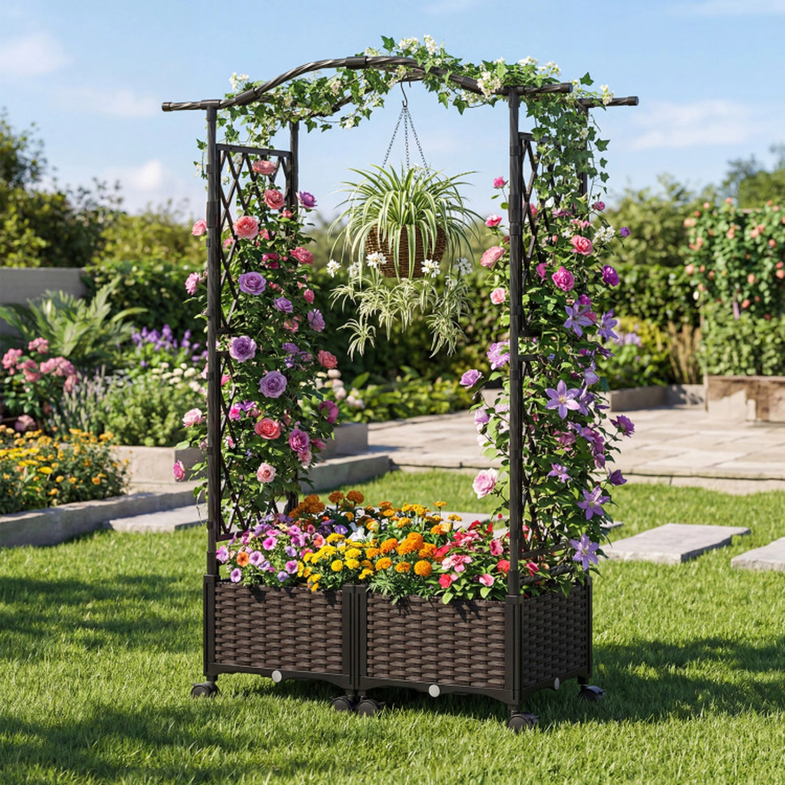 SUGIFT 5-Ft Brown Raised Garden Bed with Lattice Trellis and 2 Self-Watering Planter Boxes 41-in W 16-in D 58-in H
